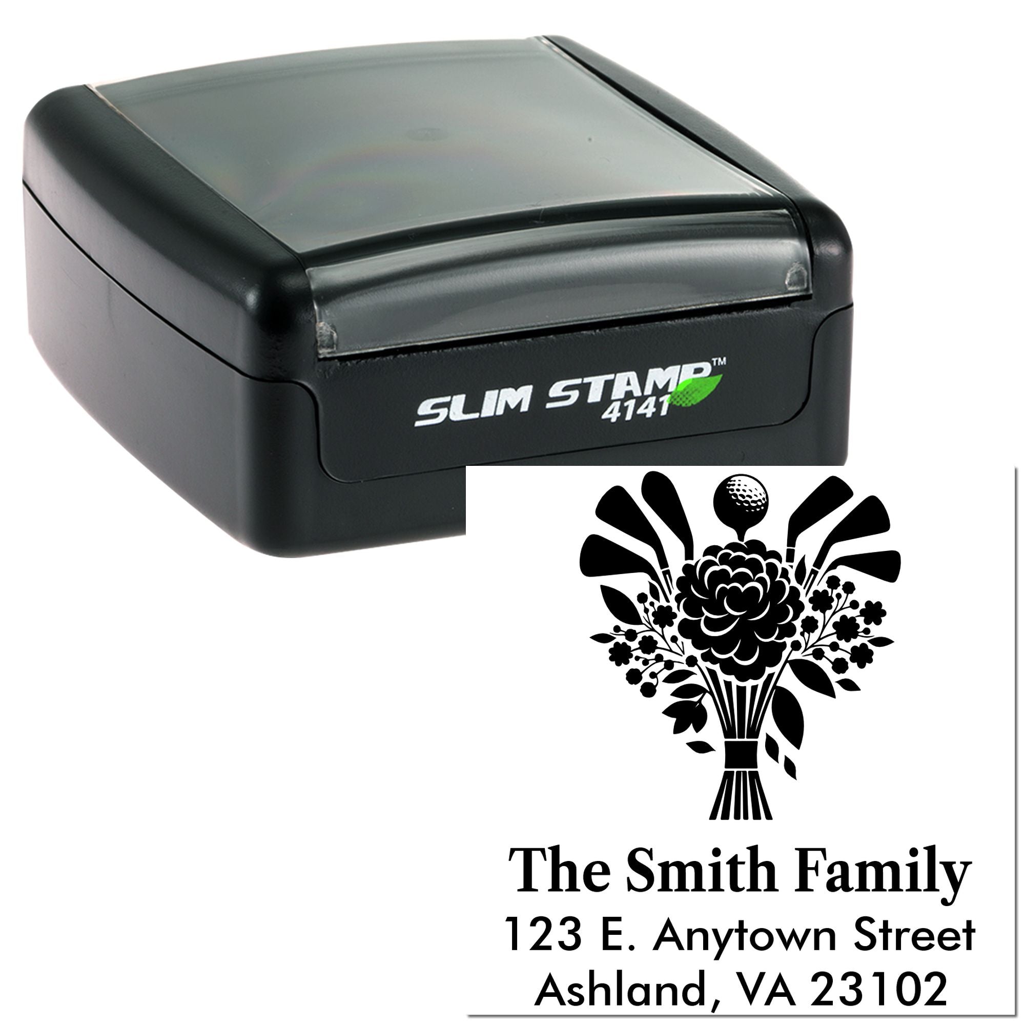 Custom Slim Stamp return address rubber stamp for The Smith Family, Ashland, VA 23102, with floral bouquet design