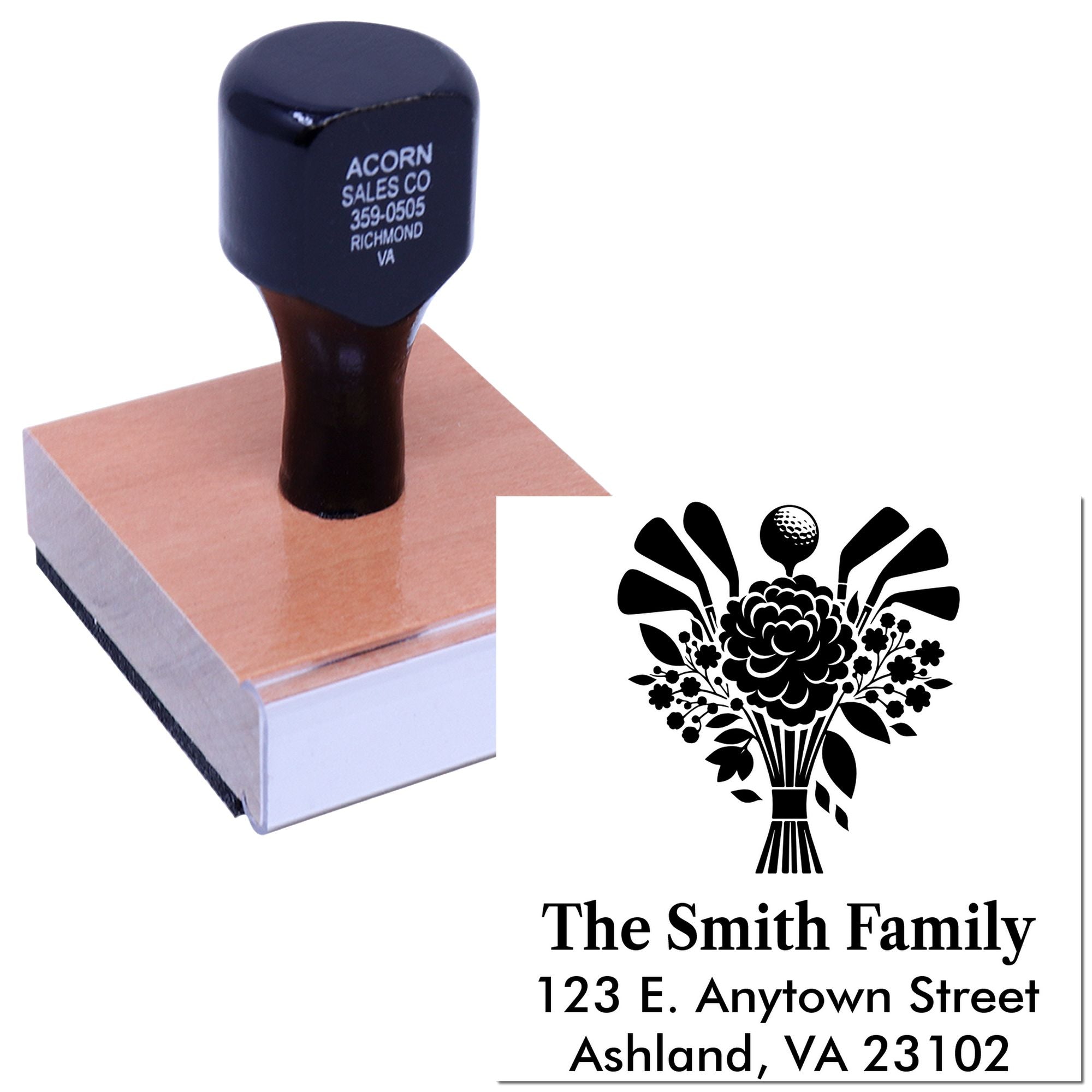 Custom return address rubber stamp with floral family name design, ideal for wedding invitations and mailing labels.