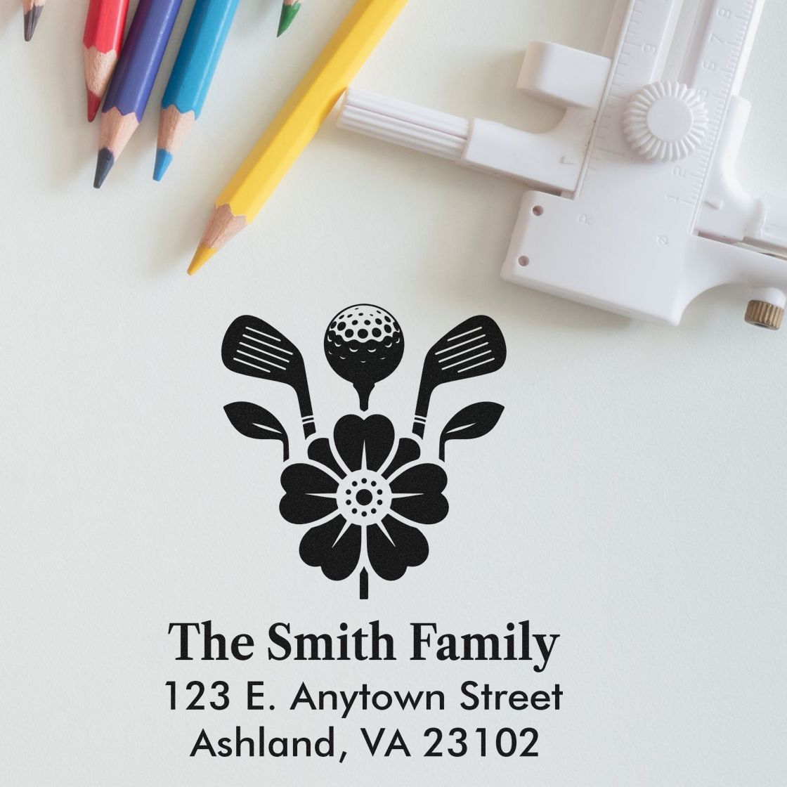 Custom address rubber stamp with floral golf design, personalized with The Smith Family and Ashland, VA address.
