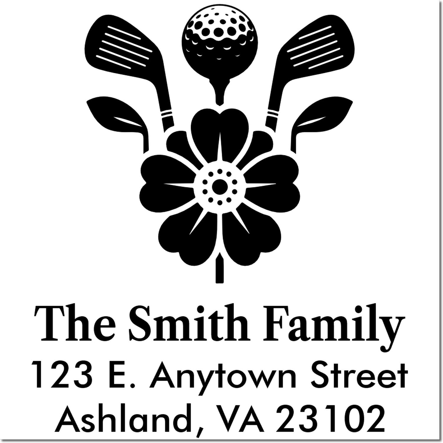 Personalized golf floral return address rubber stamp for The Smith Family, 123 E. Anytown Street, Ashland, VA 23102.