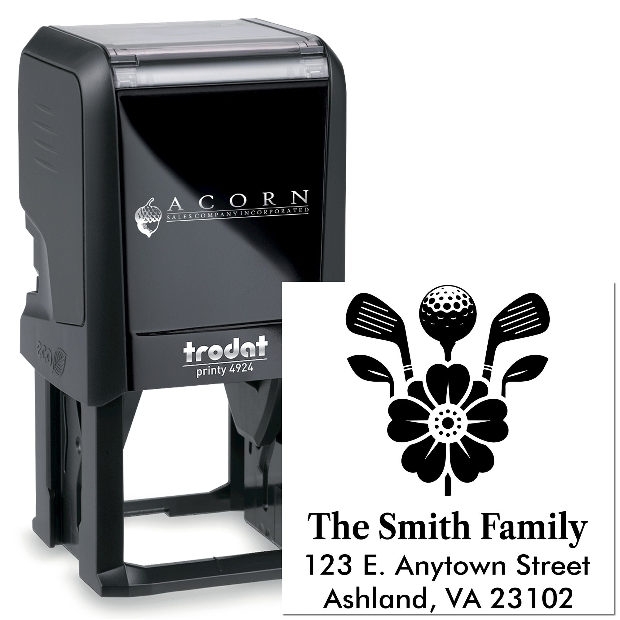 Custom self-inking rubber address stamp, Trodat Printy 4924, with personalized family name and address design.