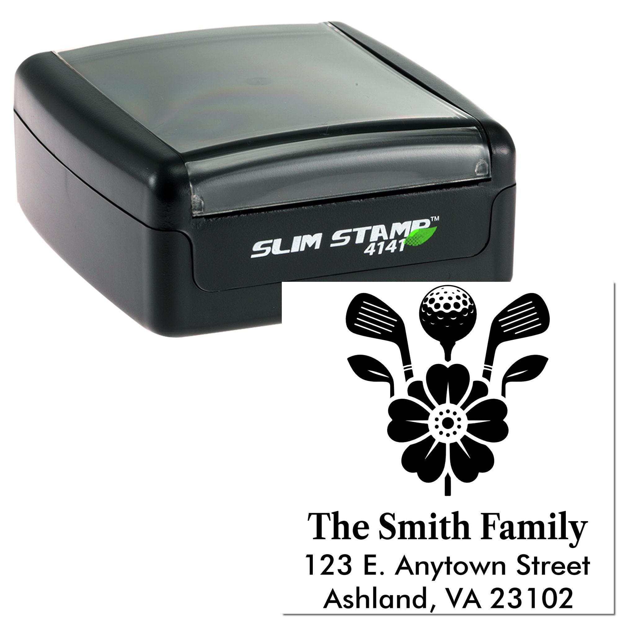 Slim Stamp self-inking rubber stamp with custom golf family return address design and floral monogram.