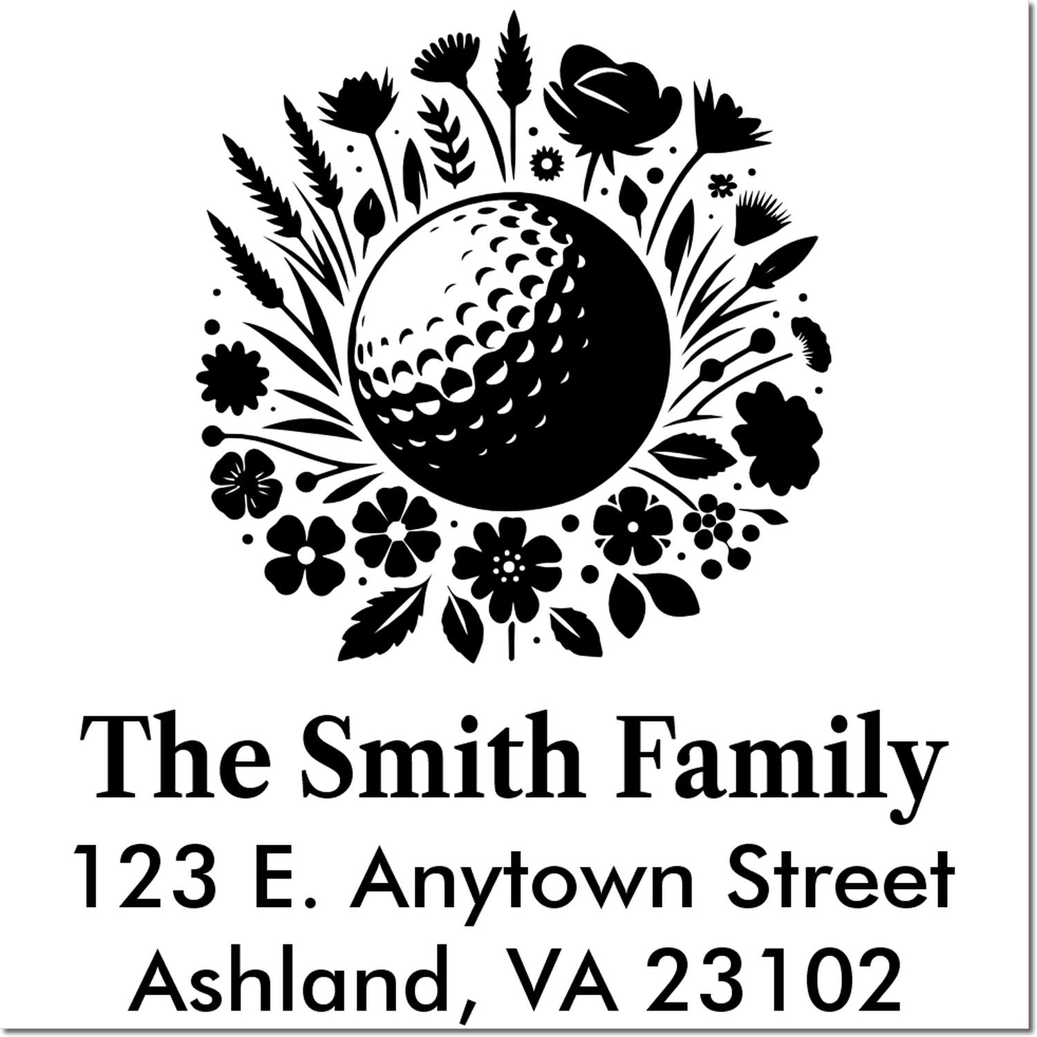 Custom floral golf ball return address stamp for The Smith Family, 123 E. Anytown Street, Ashland, VA 23102.