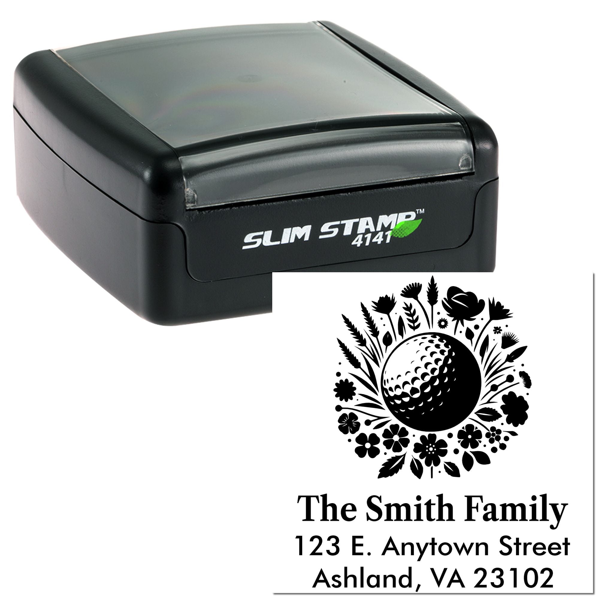 Custom self-inking Slim Stamp 4141 with floral golf ball design and Smith family address for personalized return mail stamping