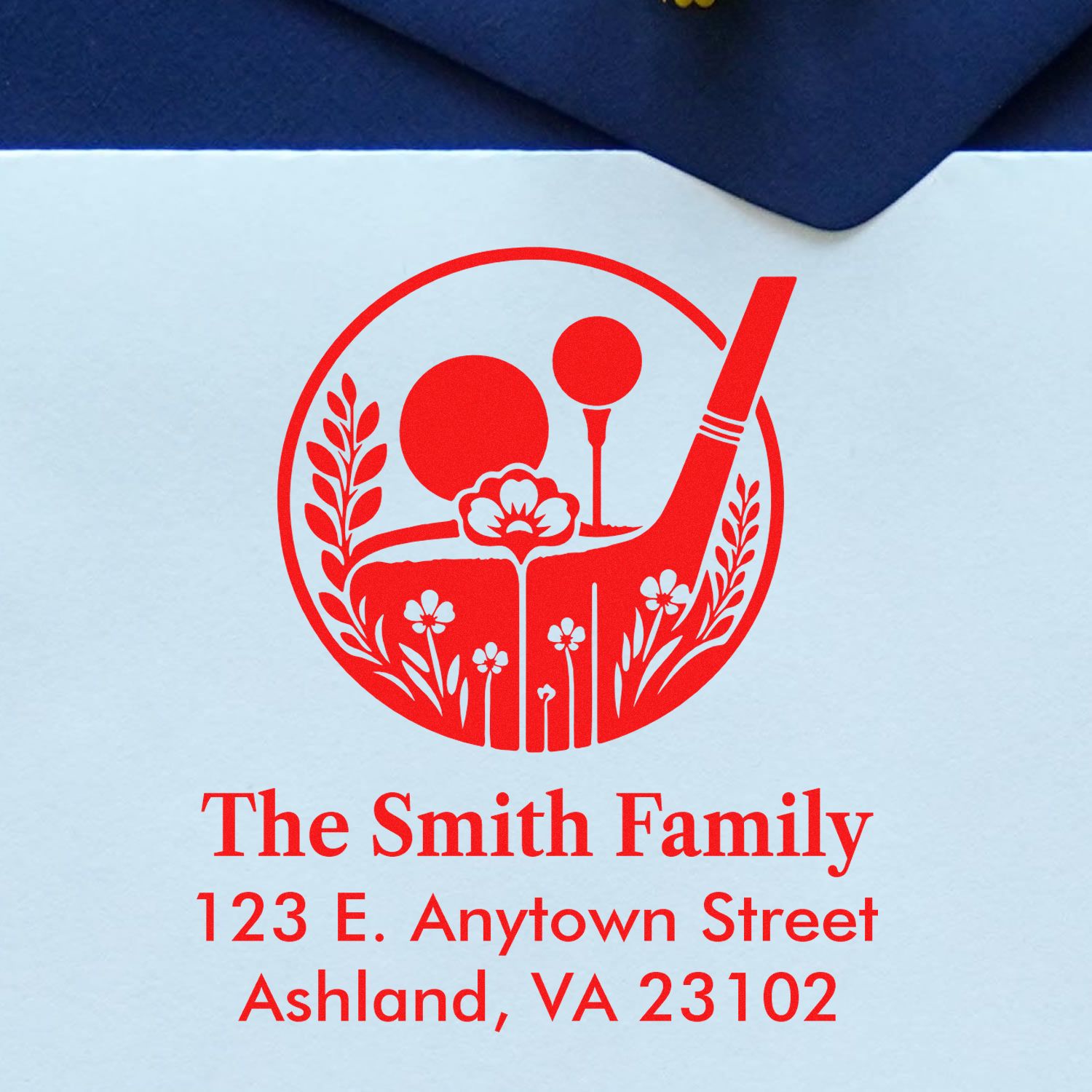 Custom family return address rubber stamp with golf-themed monogram for The Smith Family, Ashland VA 23102
