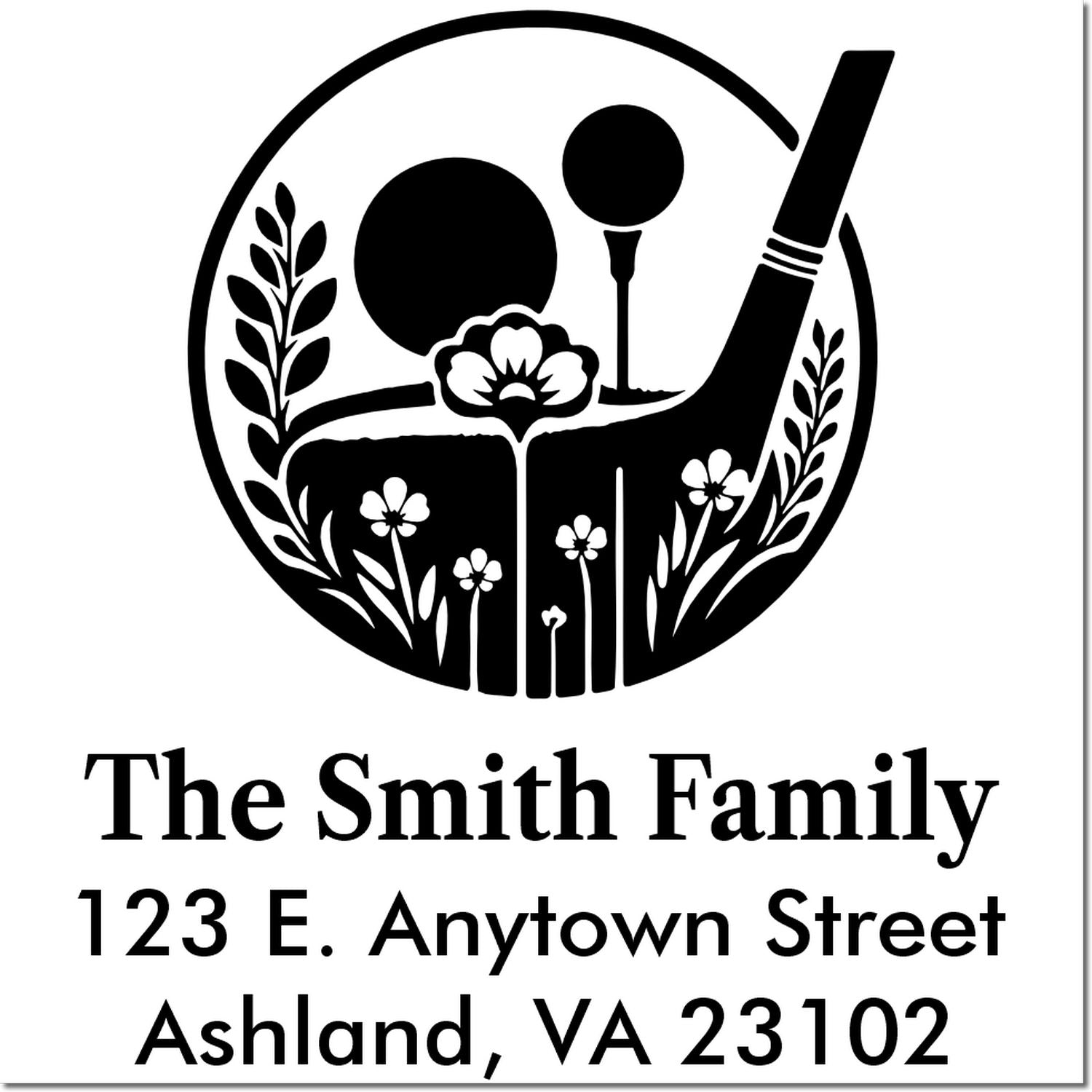 Custom return address rubber stamp for The Smith Family, 123 E. Anytown Street, Ashland, VA 23102, with floral monogram design.