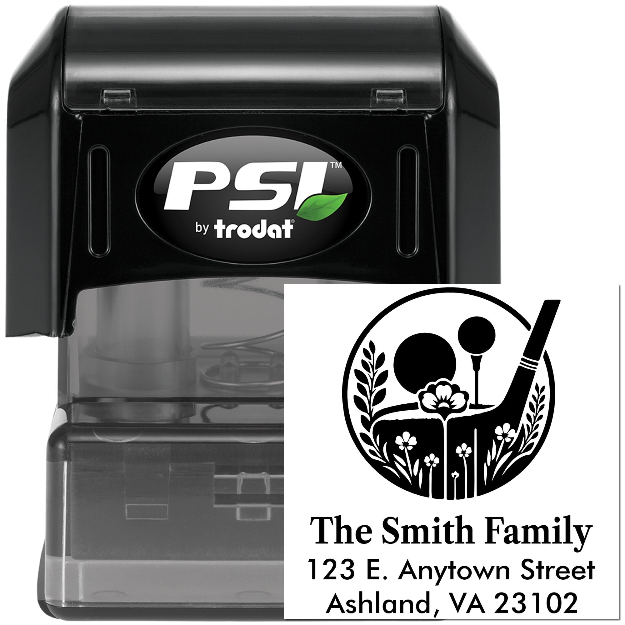 Custom self-inking address rubber stamp by PSI Trodat with floral family name design for mailing envelopes