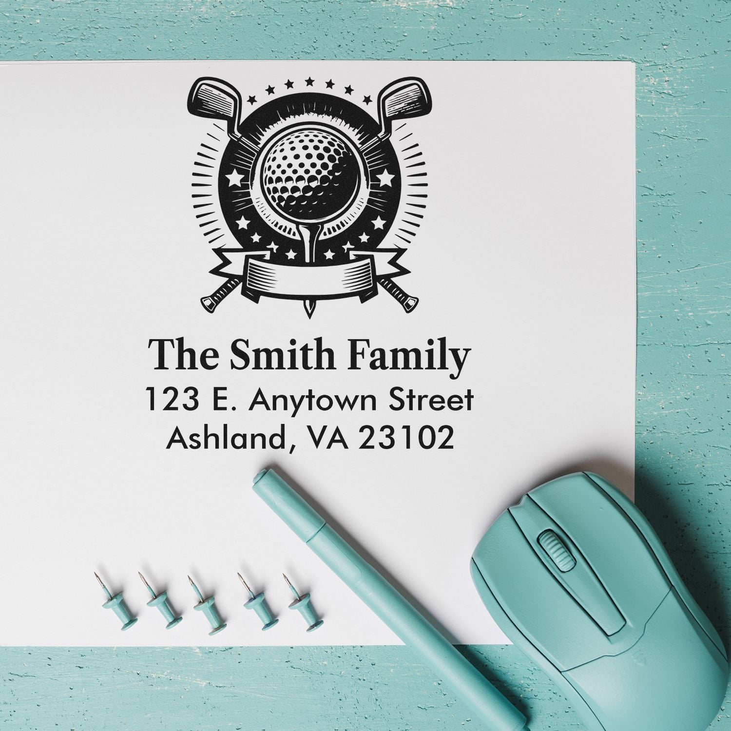 Custom golf-themed return address rubber stamp for The Smith Family, featuring personalized name and home address.