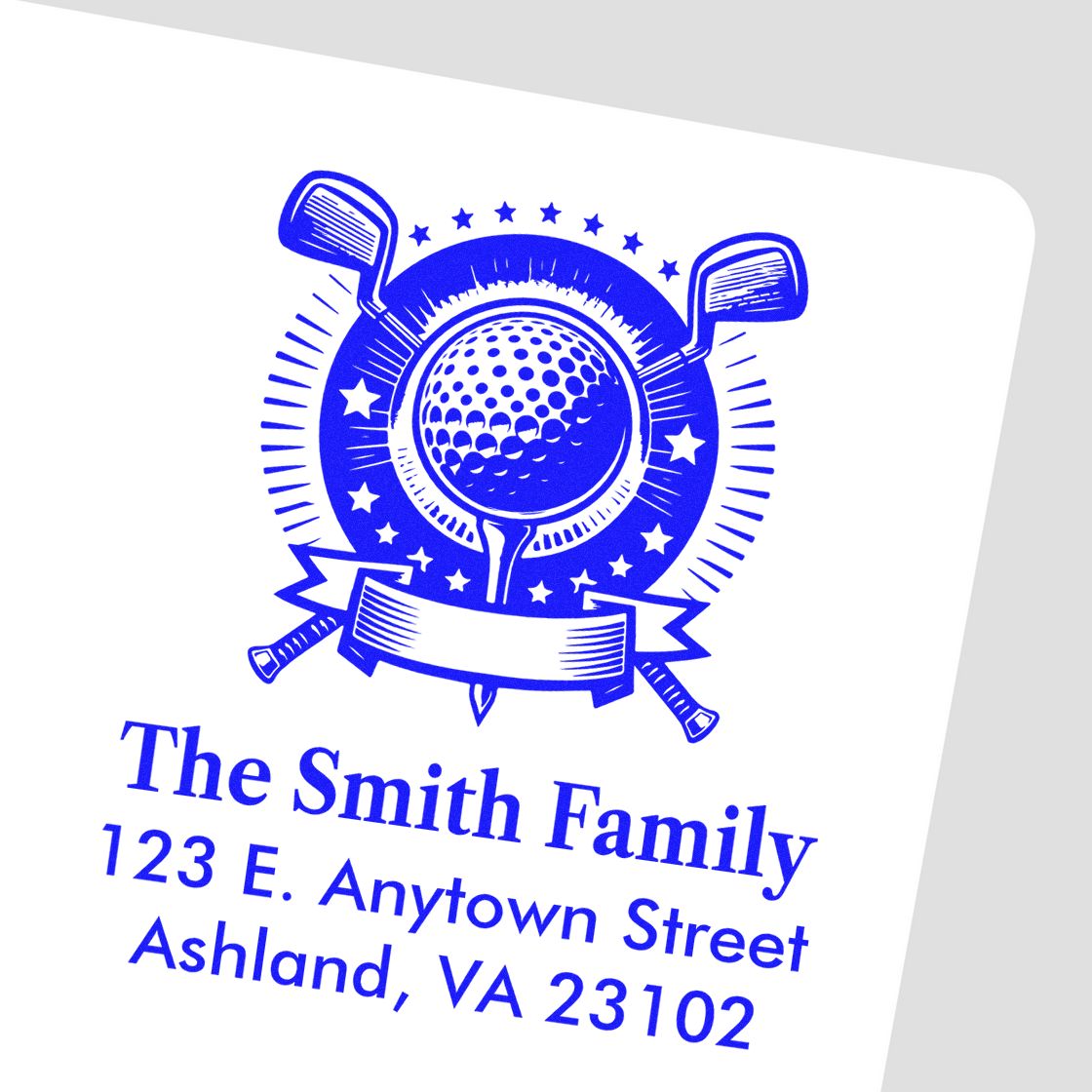 Custom family golf return address rubber stamp with golfer logo, name, street address, and city for mailing envelopes.