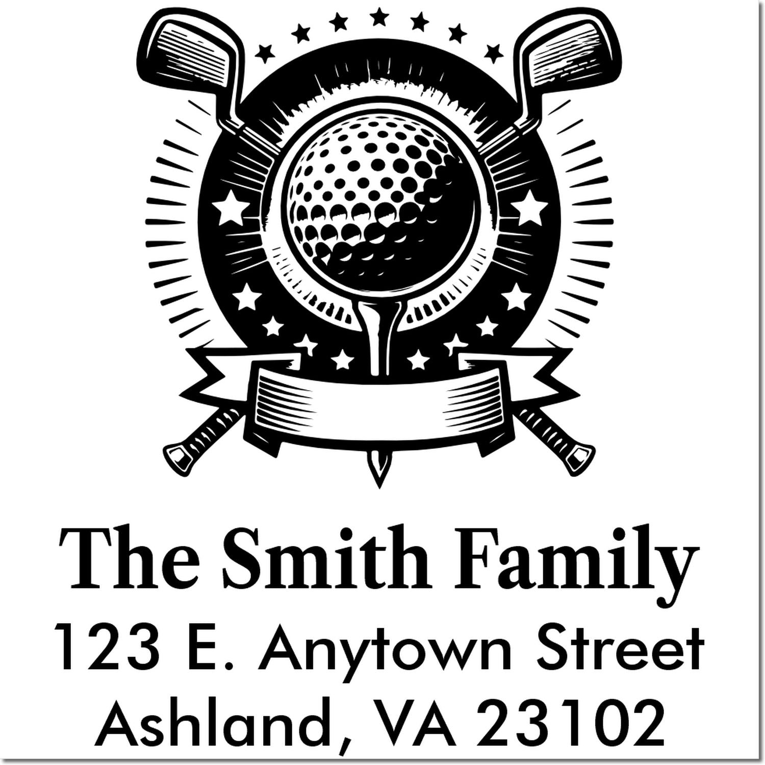 Personalized golf family return address rubber stamp with golf club emblem, custom name, and address.