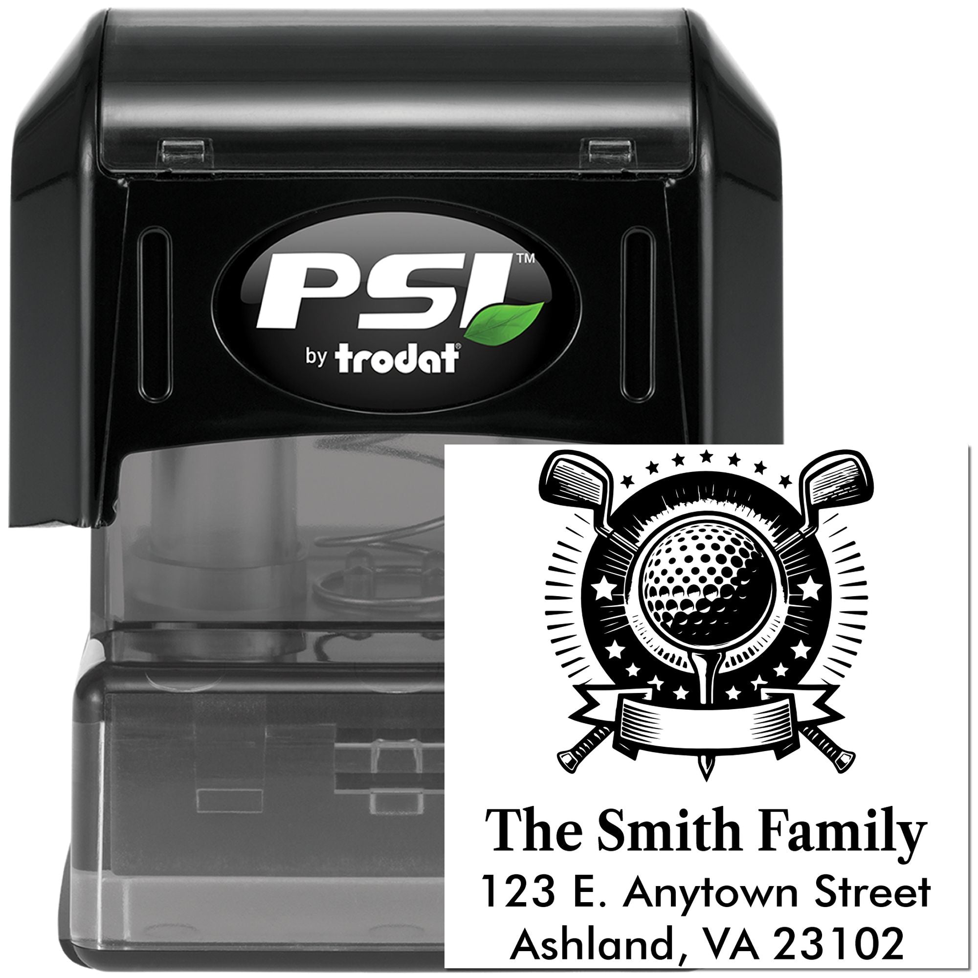 Custom self-inking rubber return address stamp with golf logo, Smith Family name, and address by PSI by Trodat.