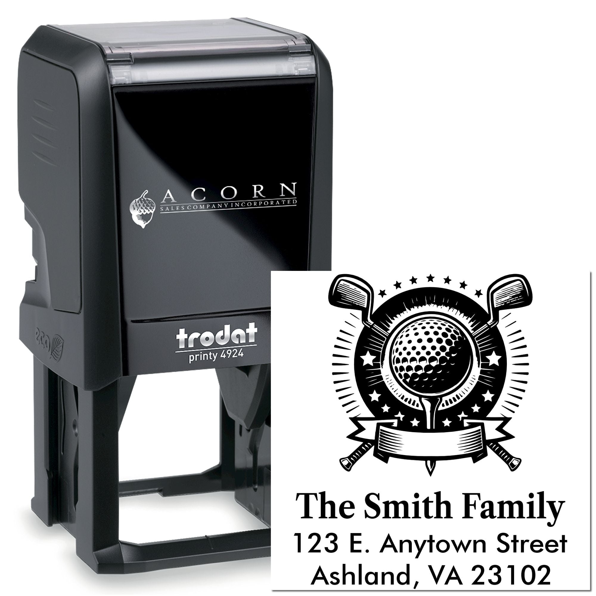 Custom self-inking rubber stamp with golf logo, family name, and address for personalized mailing.