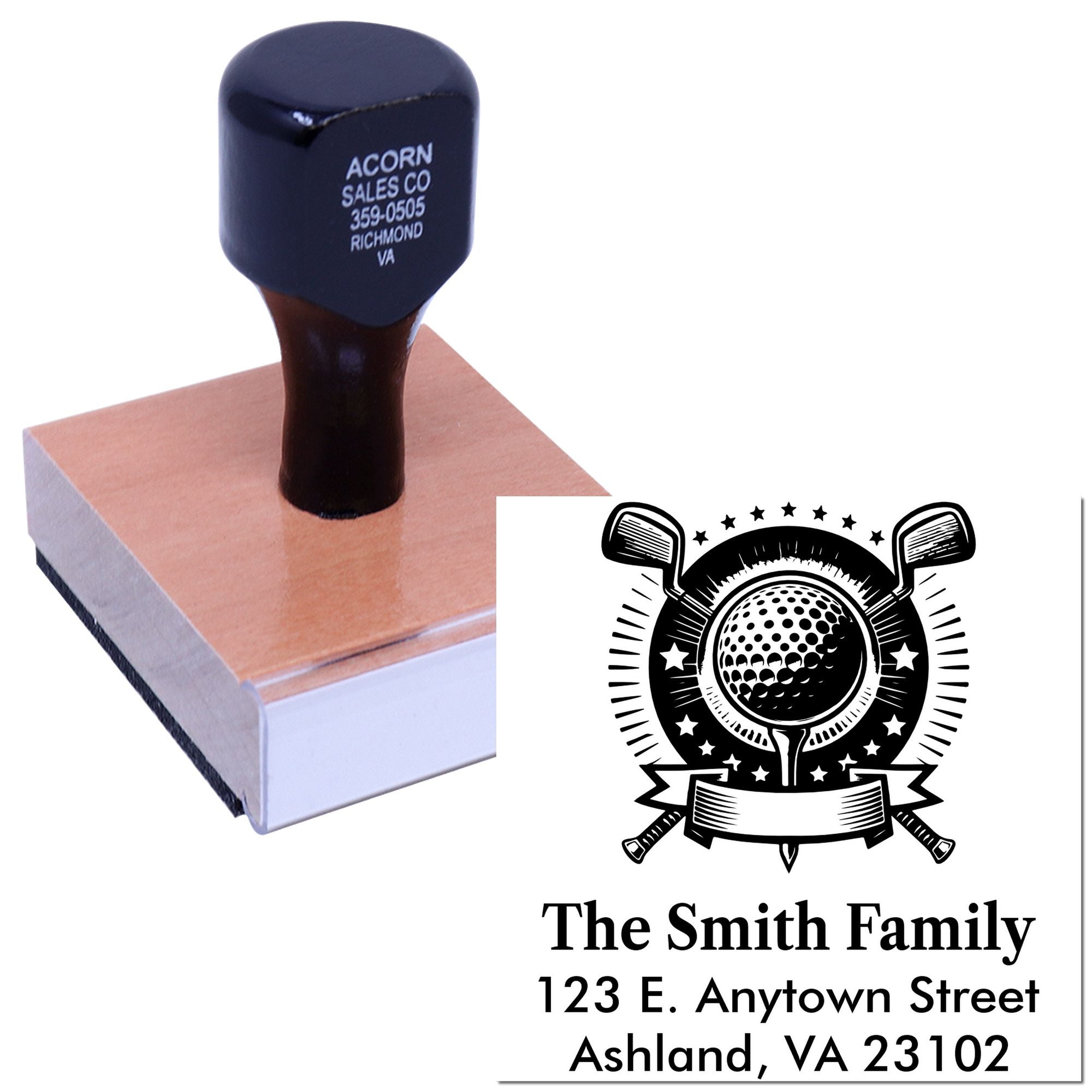 Custom golf-themed rubber address stamp with family name and address, shown imprinting on paper.