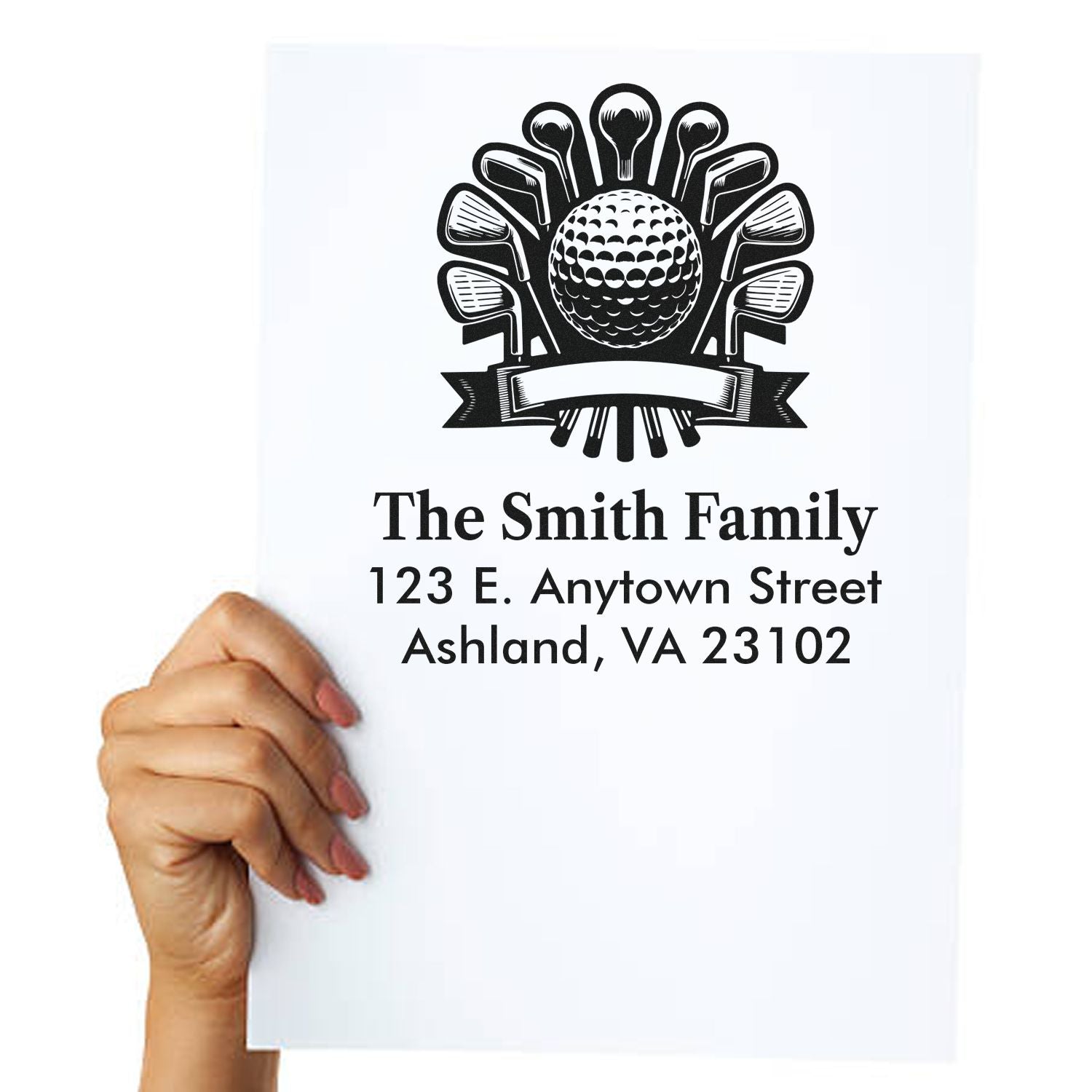 Custom golf family address rubber stamp proof with emblem and personalized mailing address.