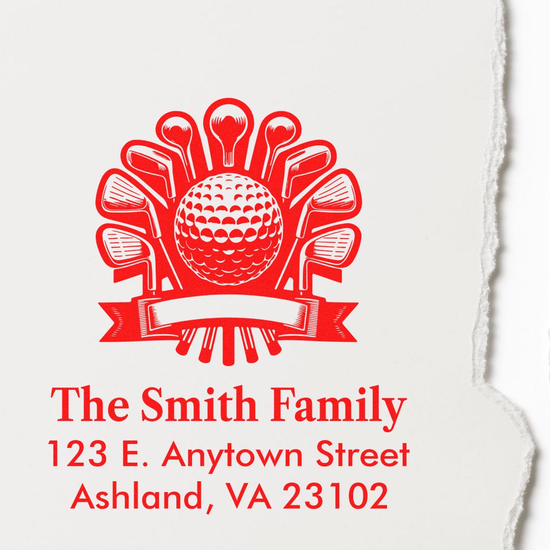 Personalized golf-themed return address rubber stamp for The Smith Family, Ashland, VA 23102