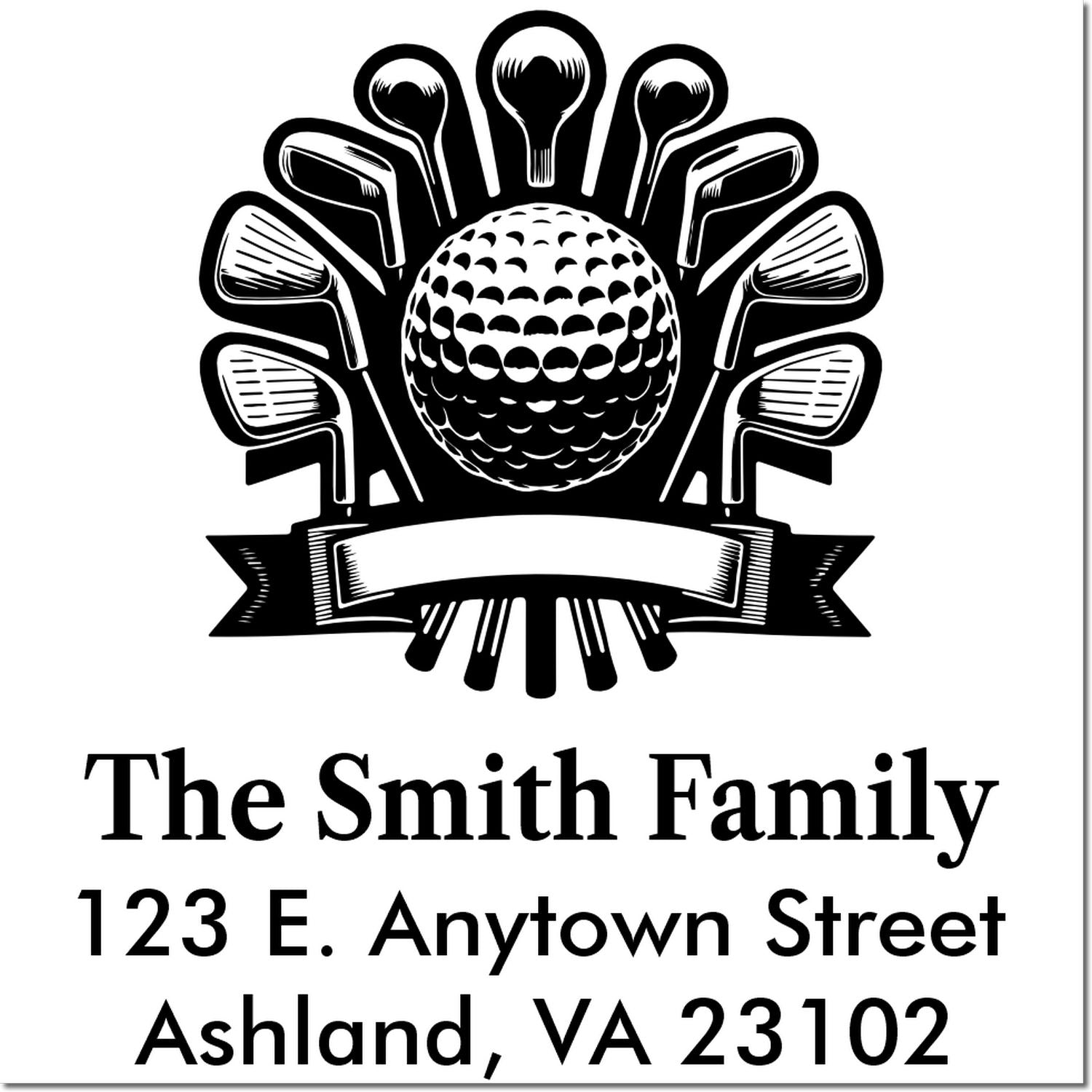 Personalized golf-themed return address rubber stamp with family name and Ashland, VA mailing address.