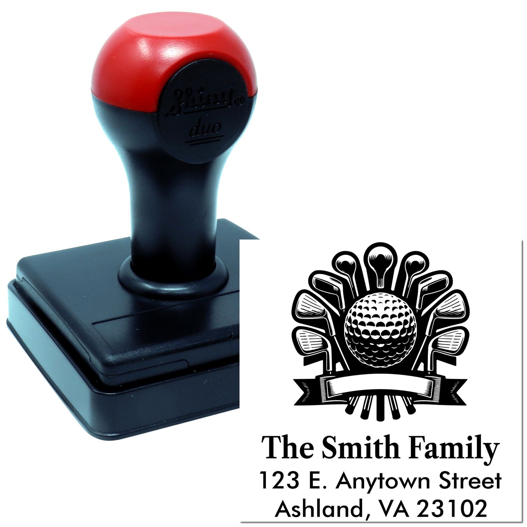 Custom self-inking rubber stamp with golf-themed family address design for personalized return mailing and business branding.