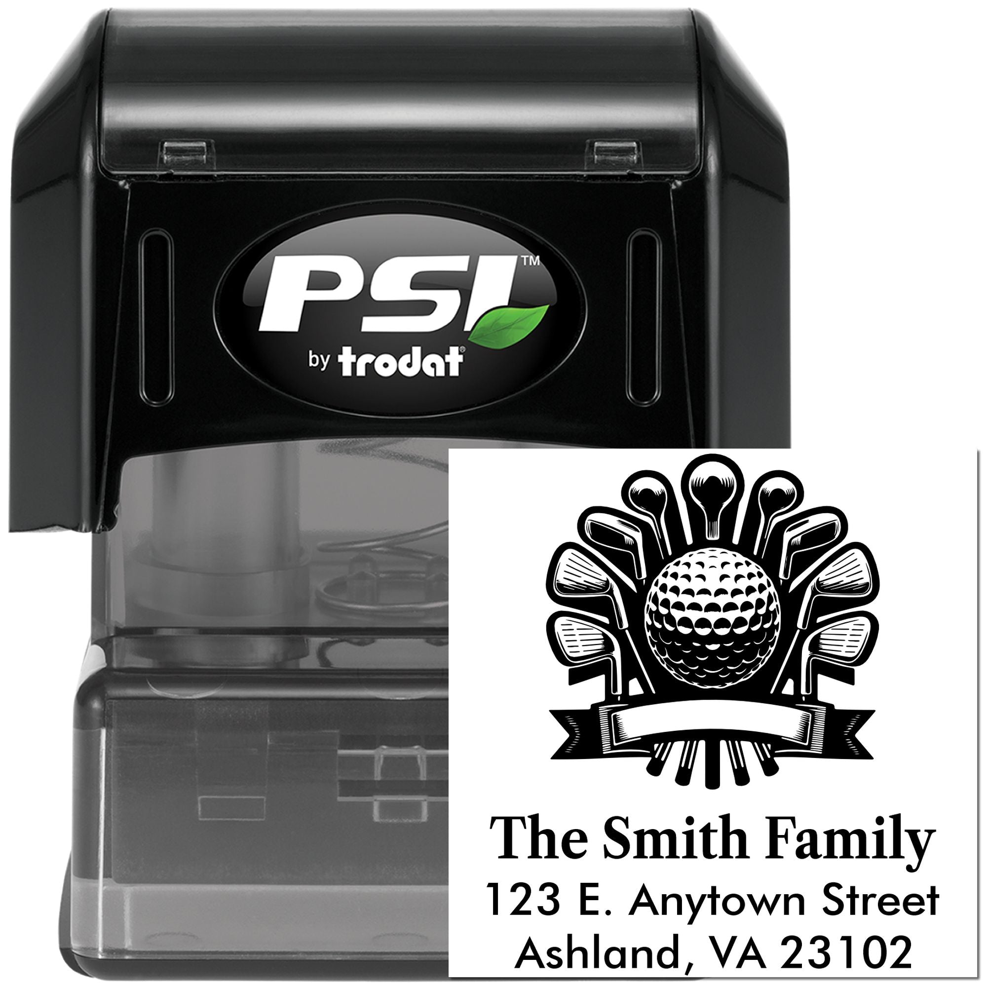 PSI by Trodat self-inking custom rubber return address stamp with golf design for The Smith Family
