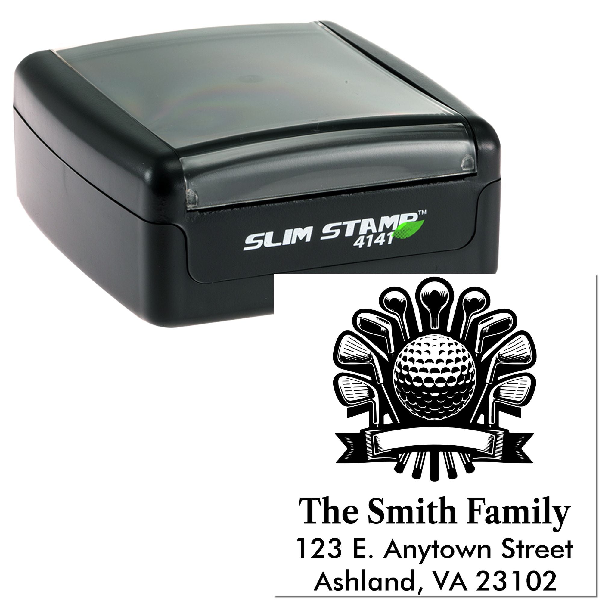 Personalized golf return address rubber stamp with Slim Stamp case and custom family address design for envelopes and mailings