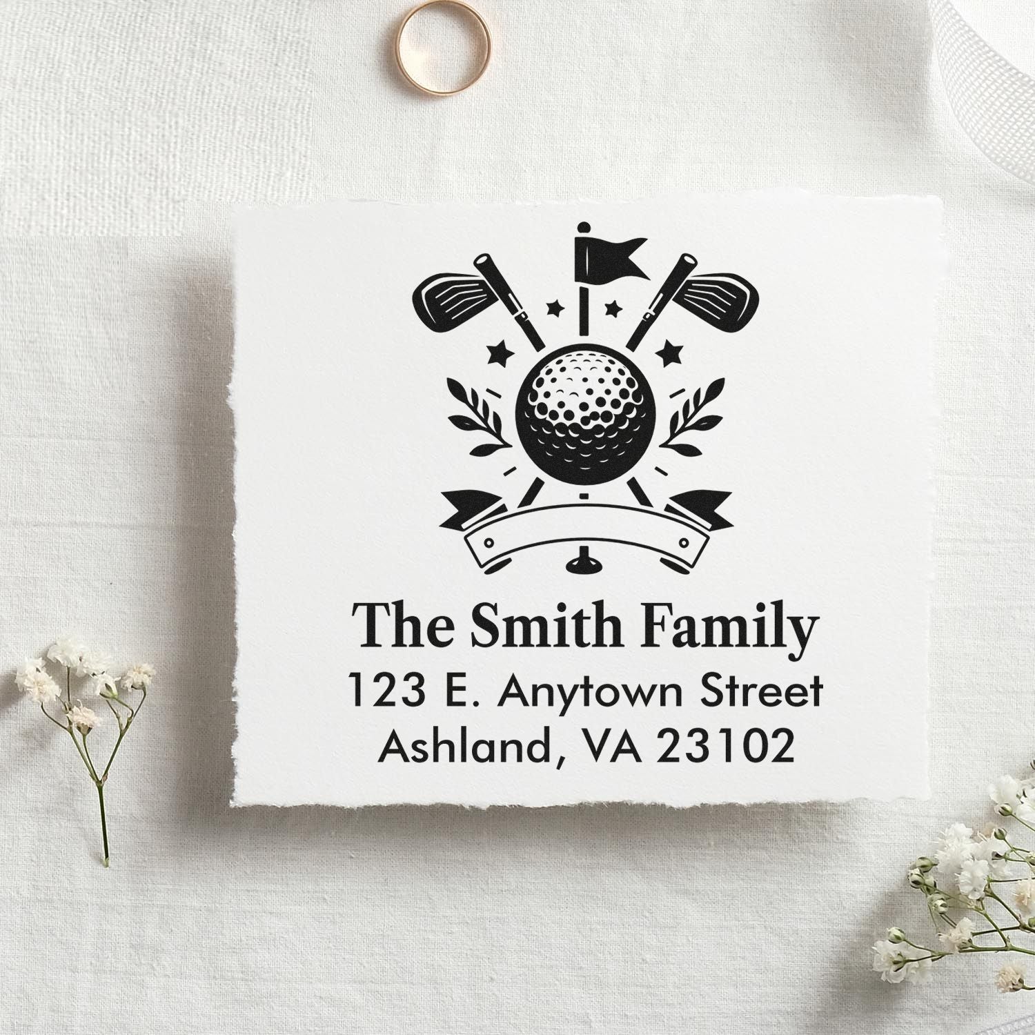 Custom golf return address rubber stamp for The Smith Family, featuring golf ball, clubs, and personalized address.