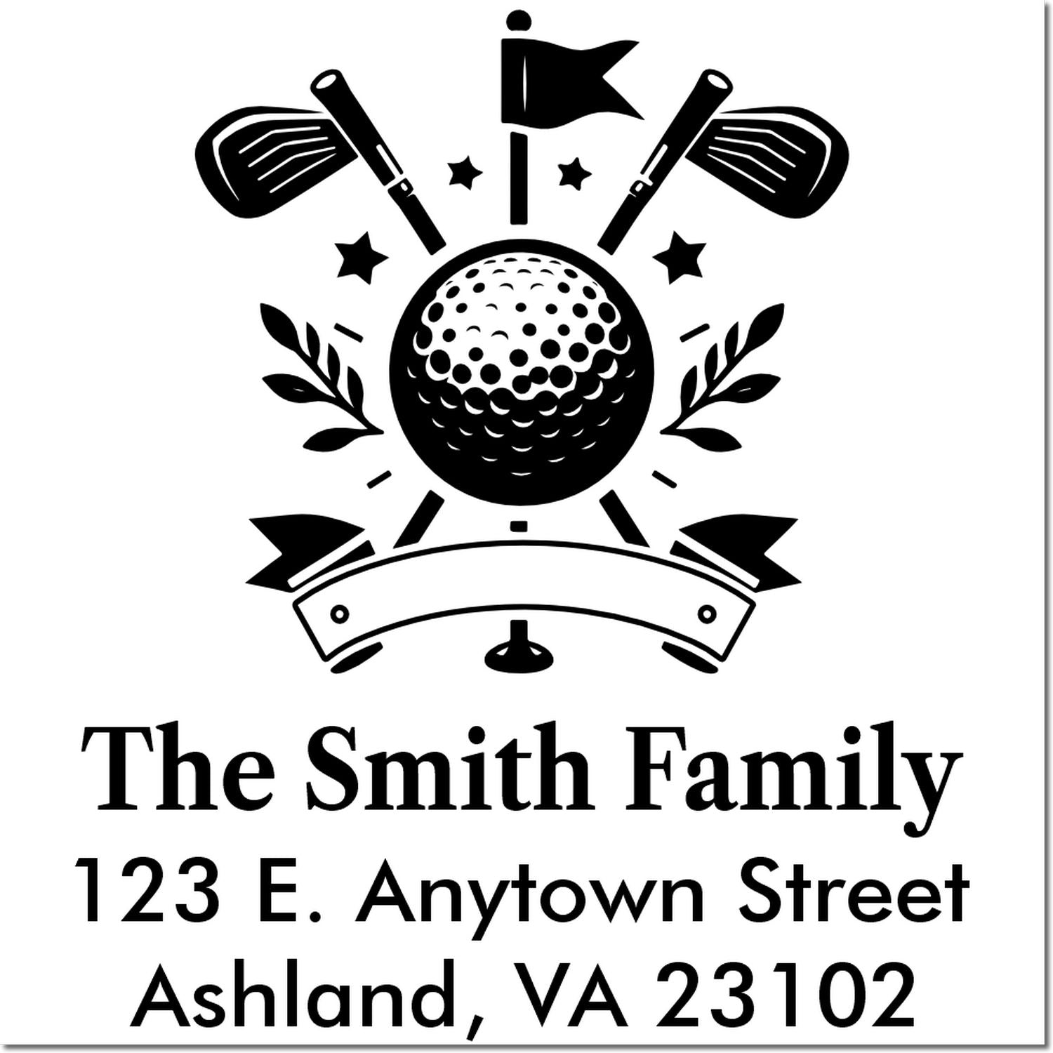 Custom golf-themed return address rubber stamp for The Smith Family, Ashland, VA 23102