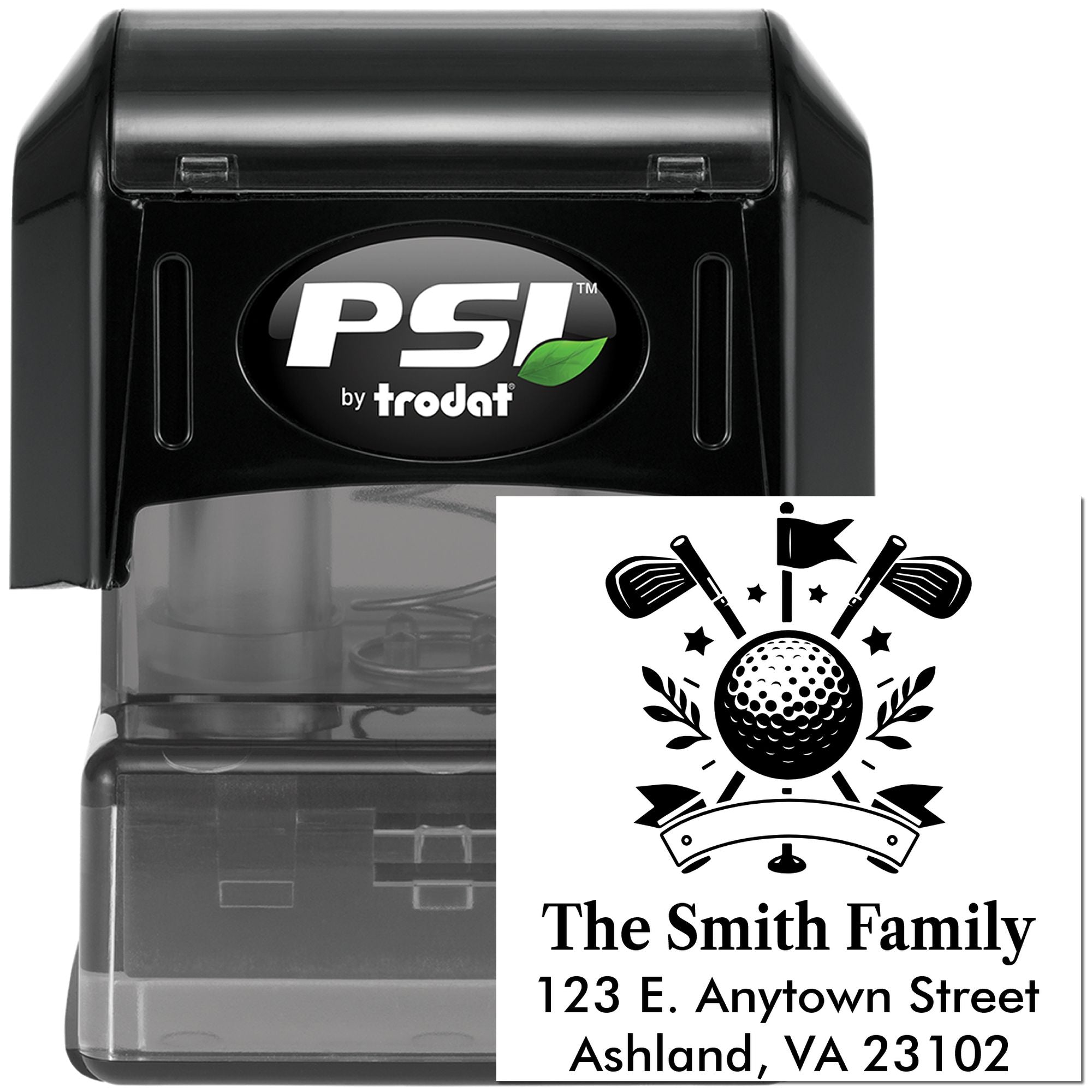Personalized self-inking golf address rubber stamp by PSI Trodat with family name and street address.