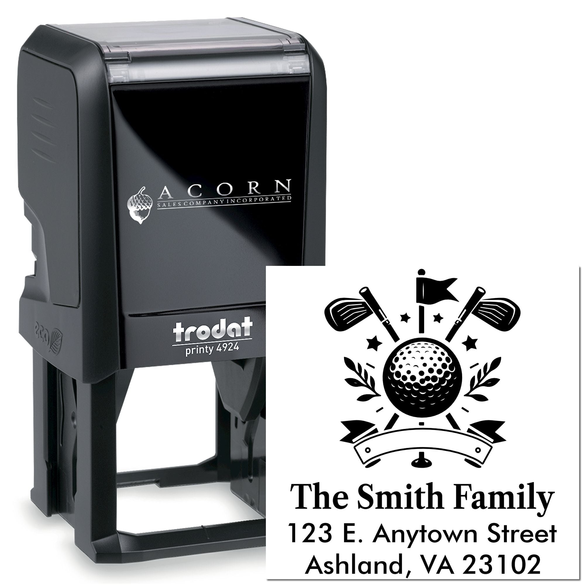 Custom self-inking rubber stamp with golf design and family address for personalized mailing and stationery.
