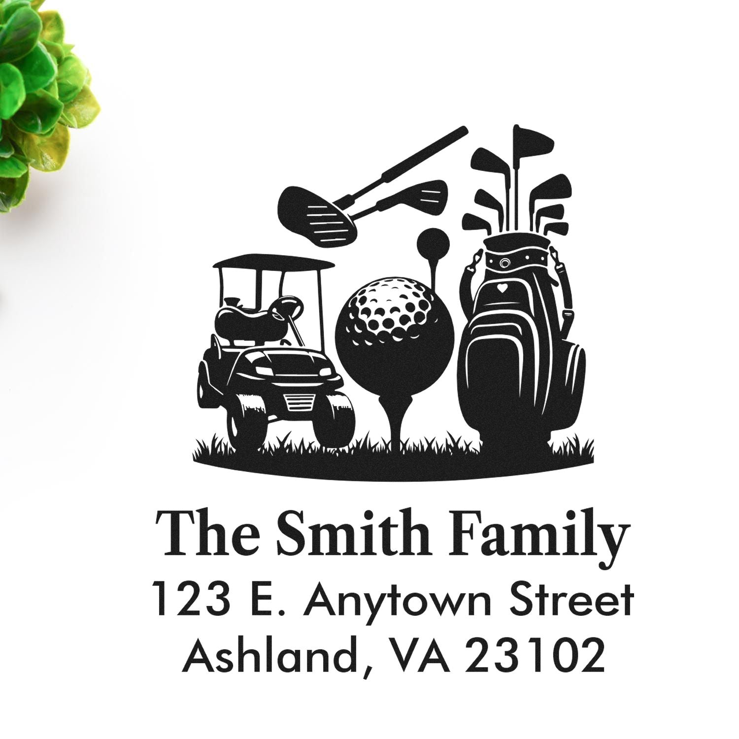 Personalized golf-themed return address rubber stamp with golf bag, clubs and cart for The Smith Family, Ashland, VA 23102