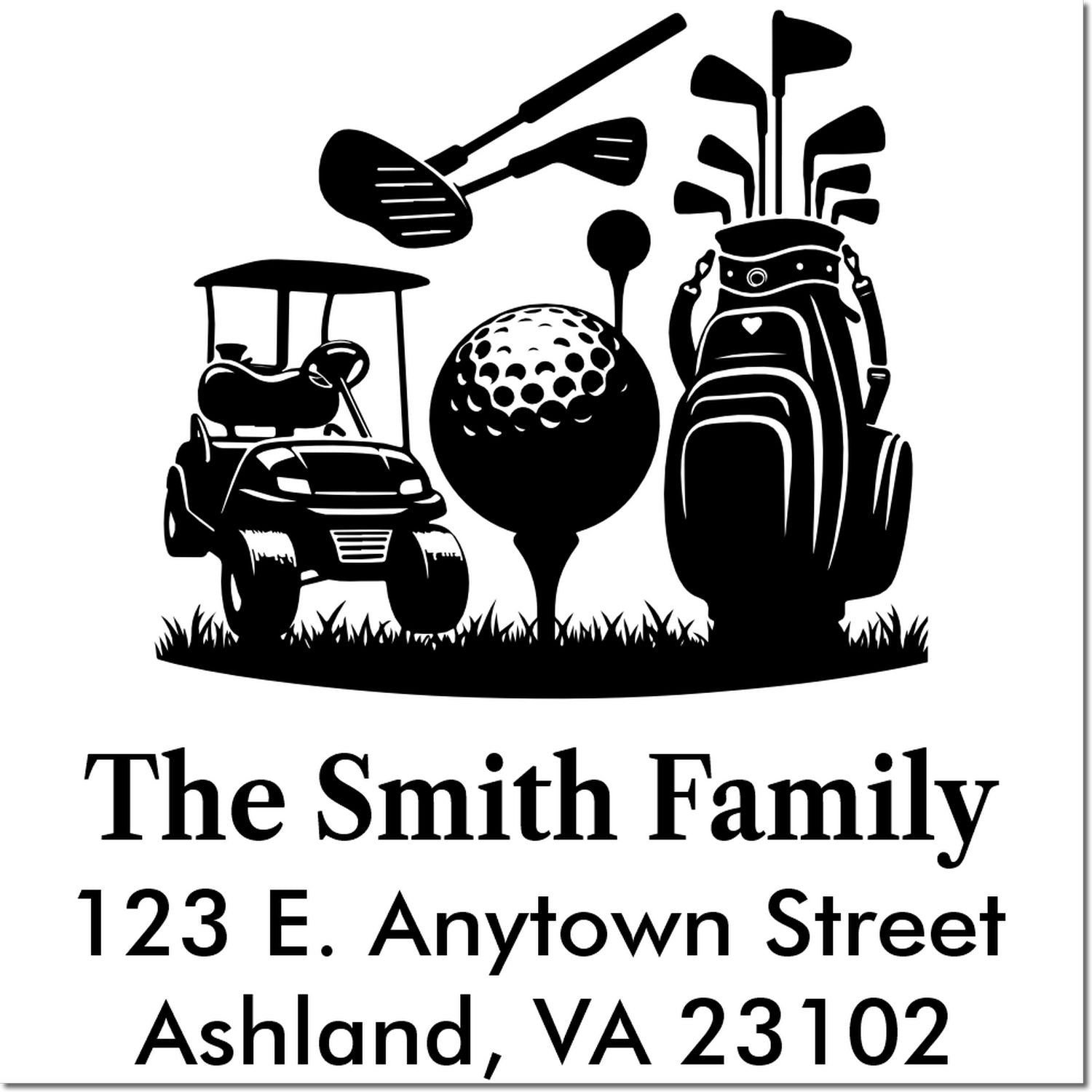 Personalized golf-themed family return address rubber stamp with name, street address, and city for envelopes.