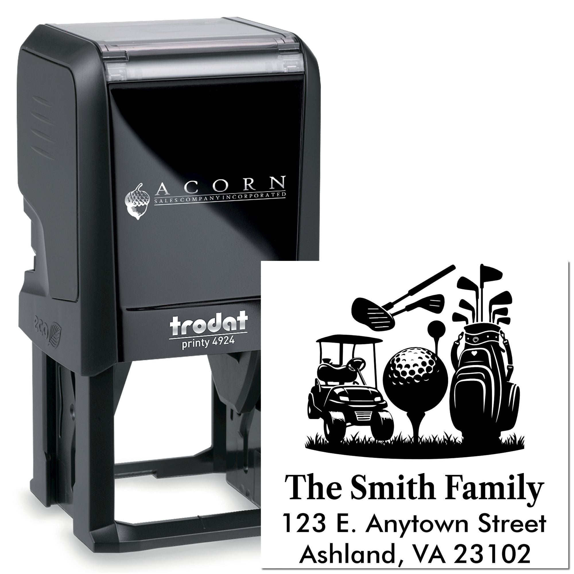 Personalized Trodat Printy 4924 self-inking rubber stamp with golf-themed family return address design