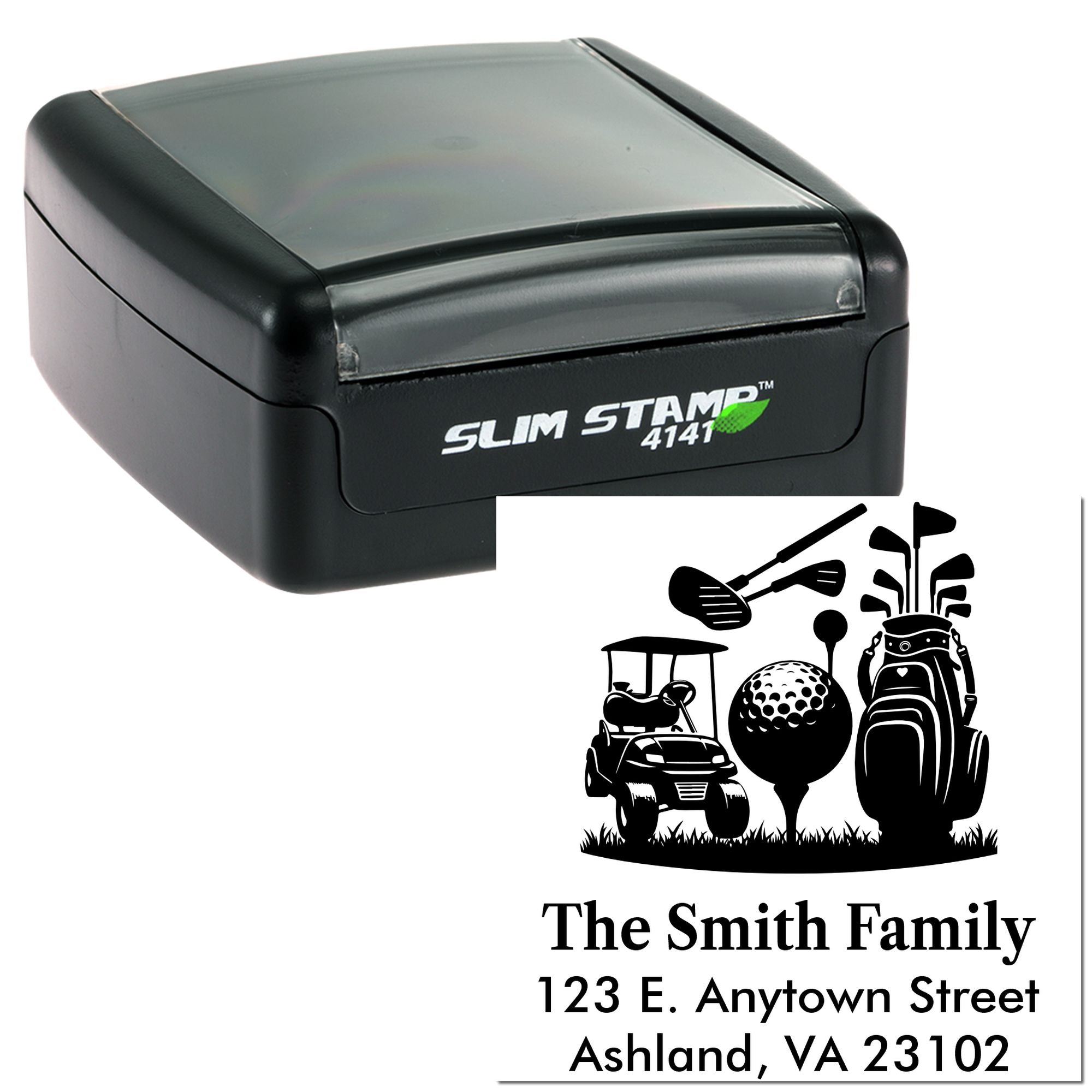Custom golf-themed self-inking rubber stamp with family name and address, featuring golf clubs, cart and ball design.