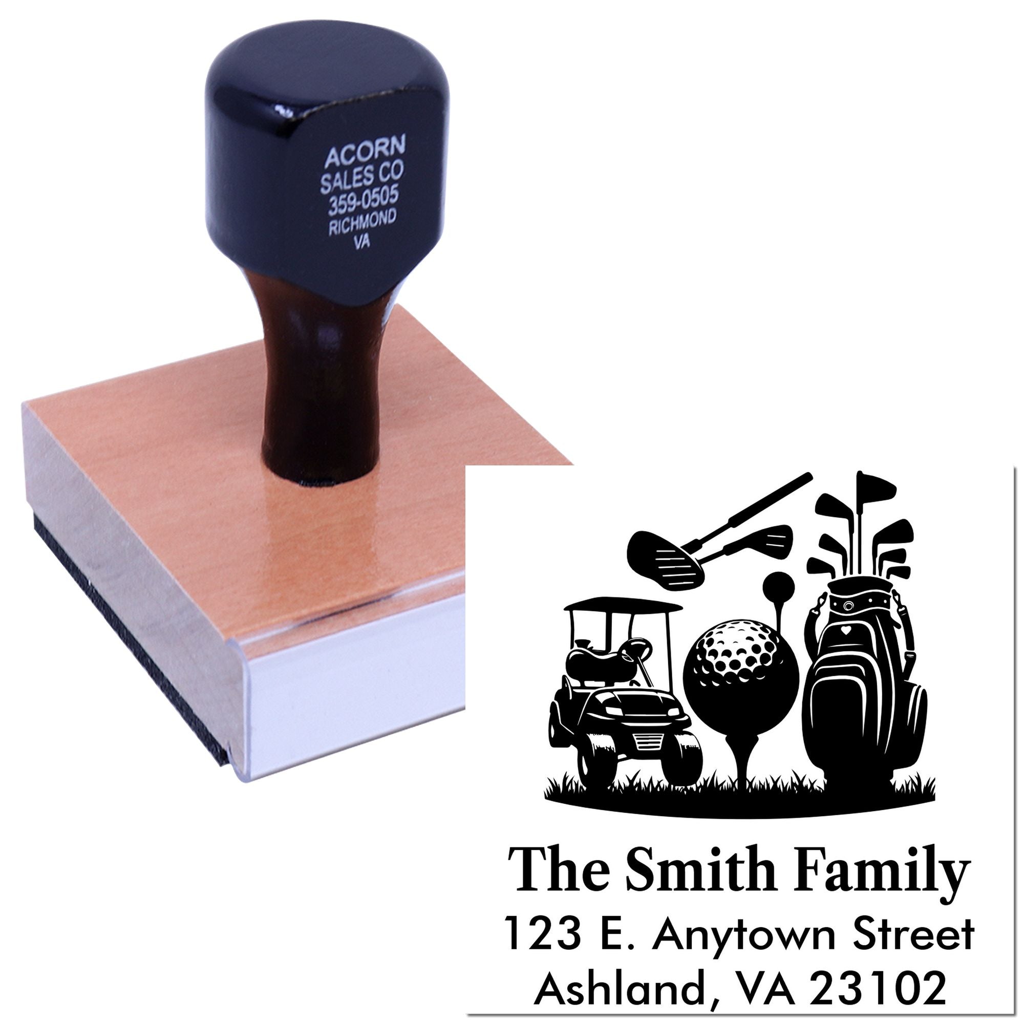 Custom golf-themed return address rubber stamp with personalized family name and address imprint.