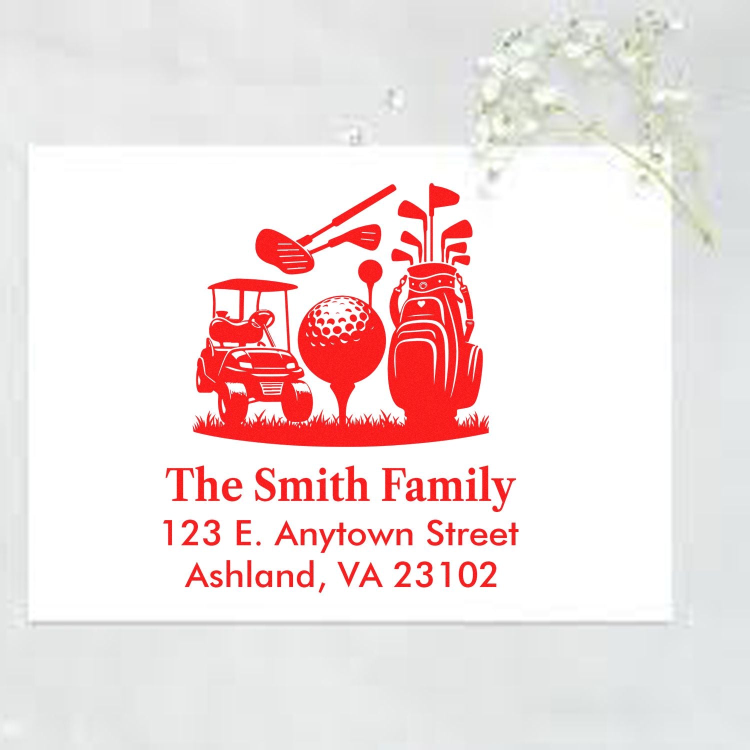 Custom golf-themed address rubber stamp for The Smith Family with golf clubs and personalized home address.