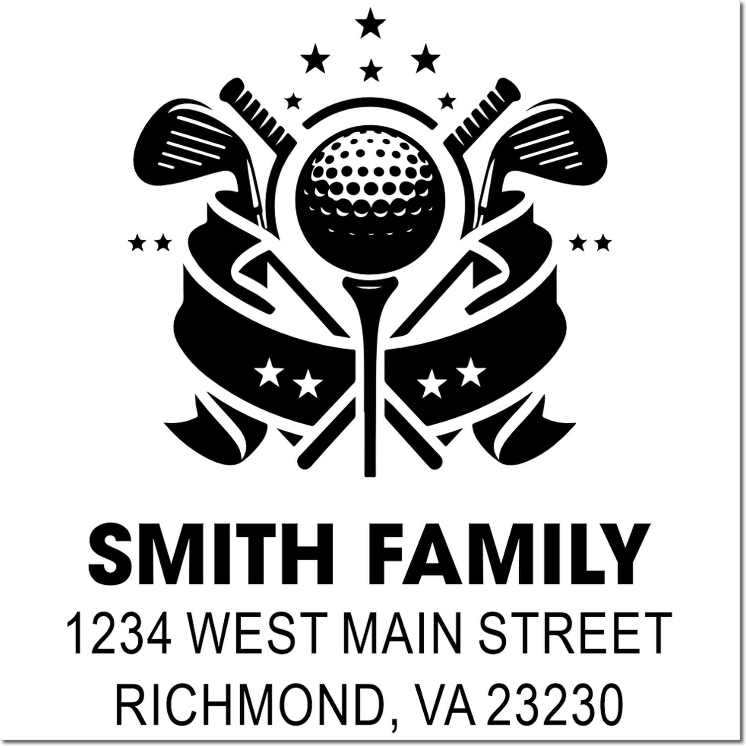 Custom golf family address rubber stamp with clubs, ball, stars, Smith Family, 1234 West Main Street, Richmond, VA 23230.