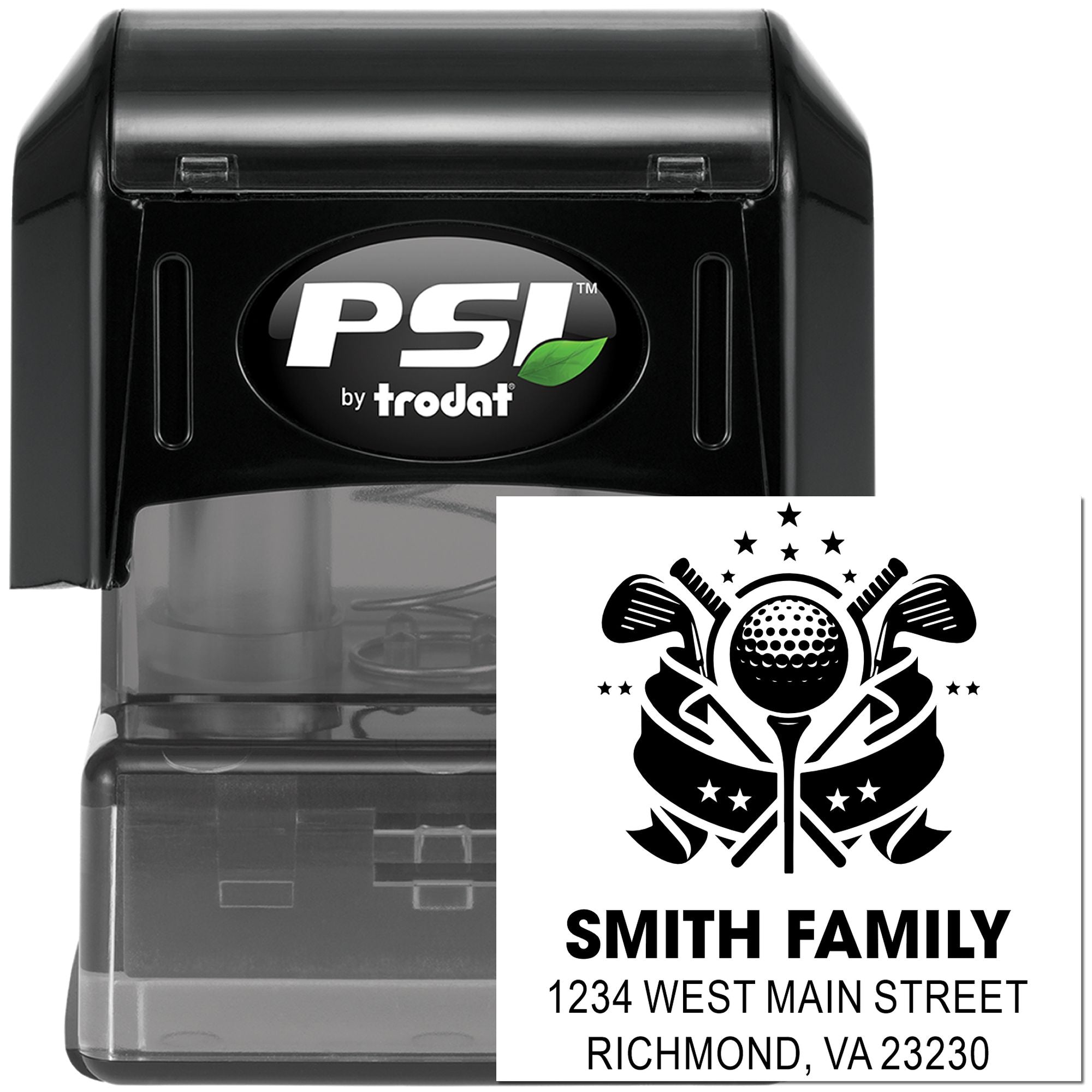Custom self-inking golf address stamp by PSI Trodat with Smith Family name and Richmond, VA address.