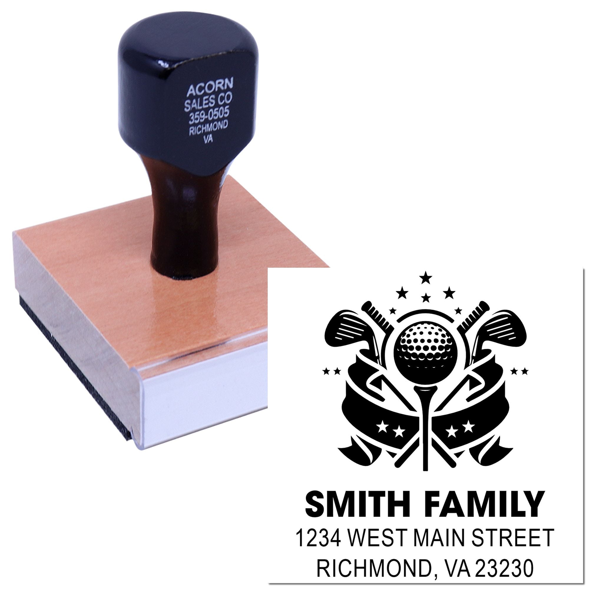 Custom golf-themed return address rubber stamp for Smith Family, Richmond VA, with personalized name and street address.