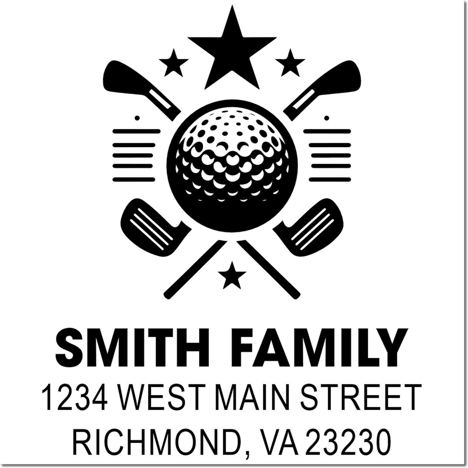 Custom golf family address rubber stamp with crossed clubs, golf ball, and Smith Family Richmond, VA mailing address.