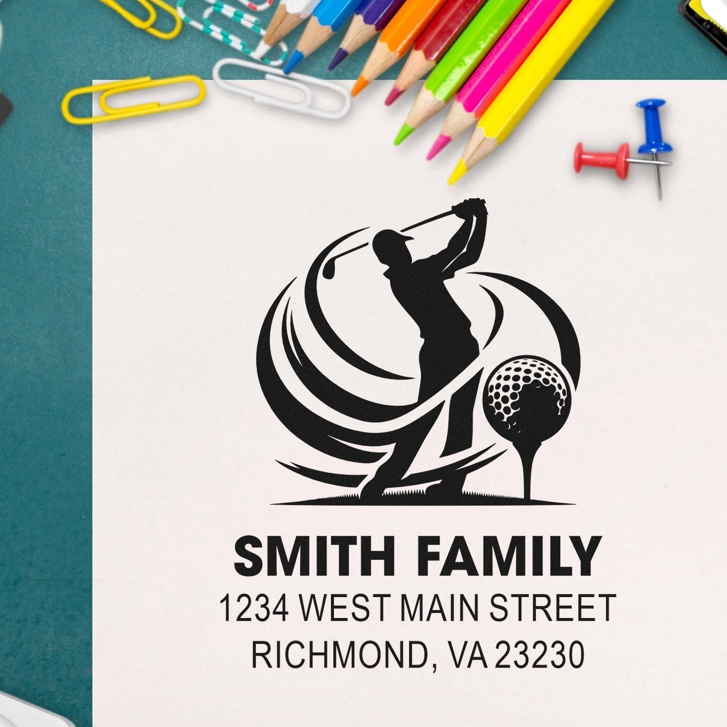 Personalized golf return address rubber stamp with golfer silhouette, Smith Family name, and Richmond, VA address.
