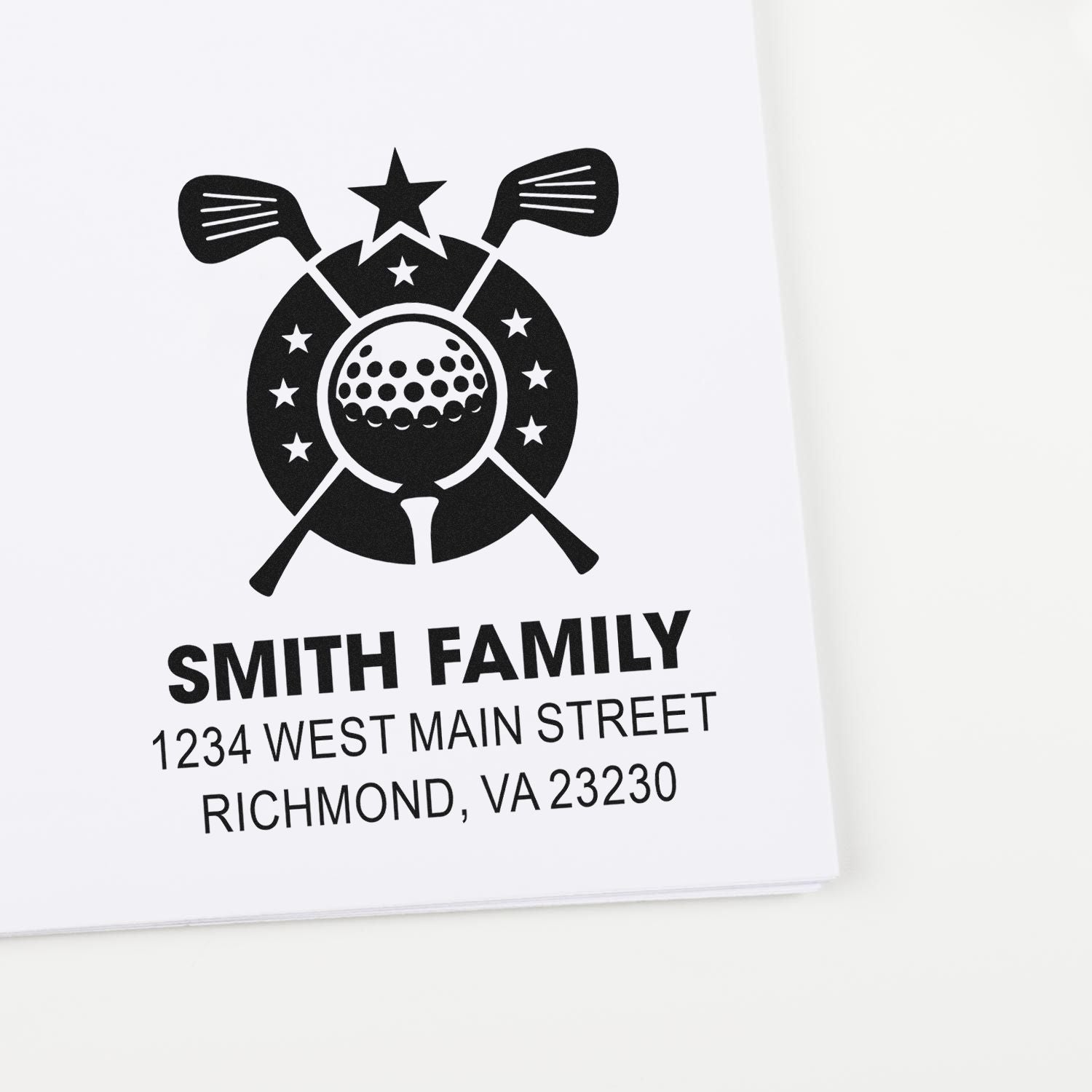 Custom golf-themed family address rubber stamp with Smith family name and Richmond, VA return address.