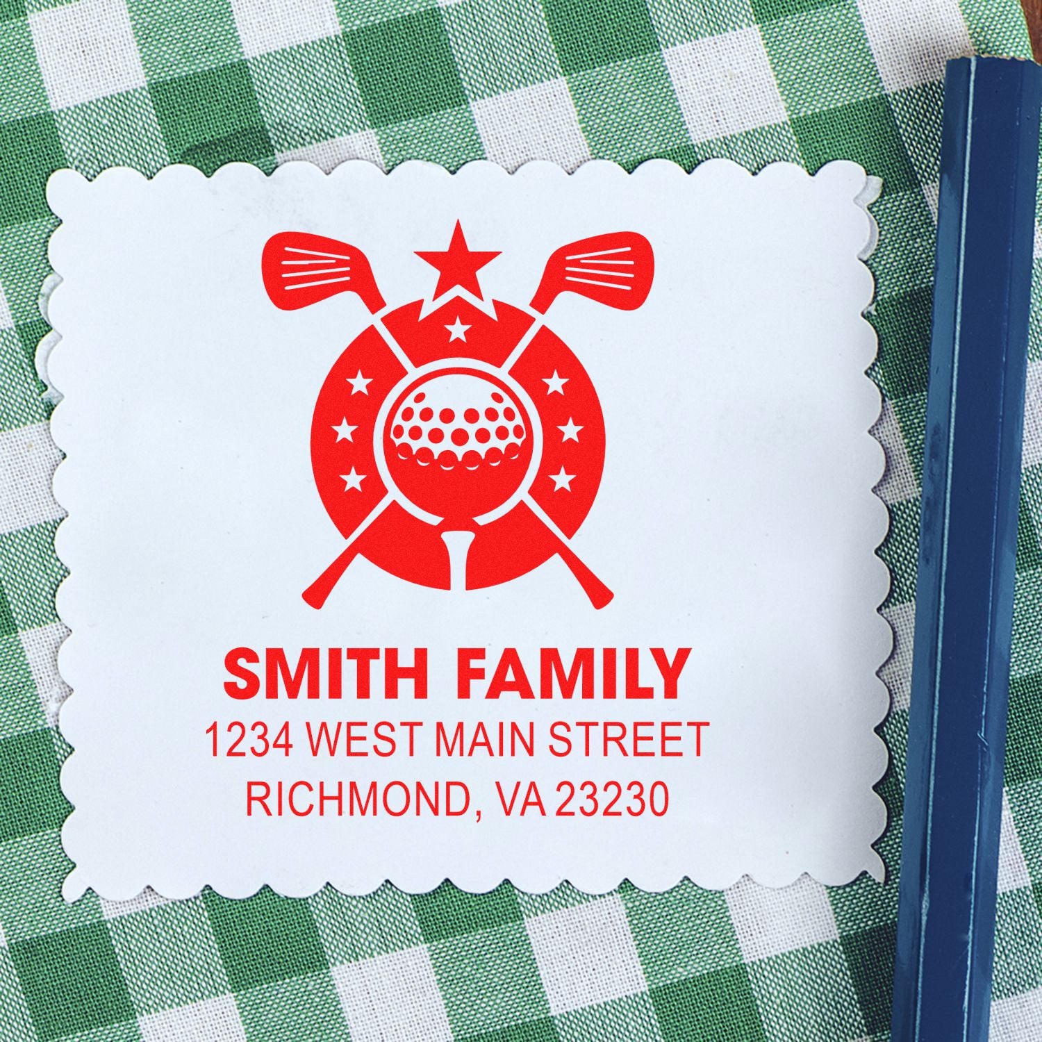 Personalized golf-themed return address rubber stamp for Smith Family, Richmond, VA.