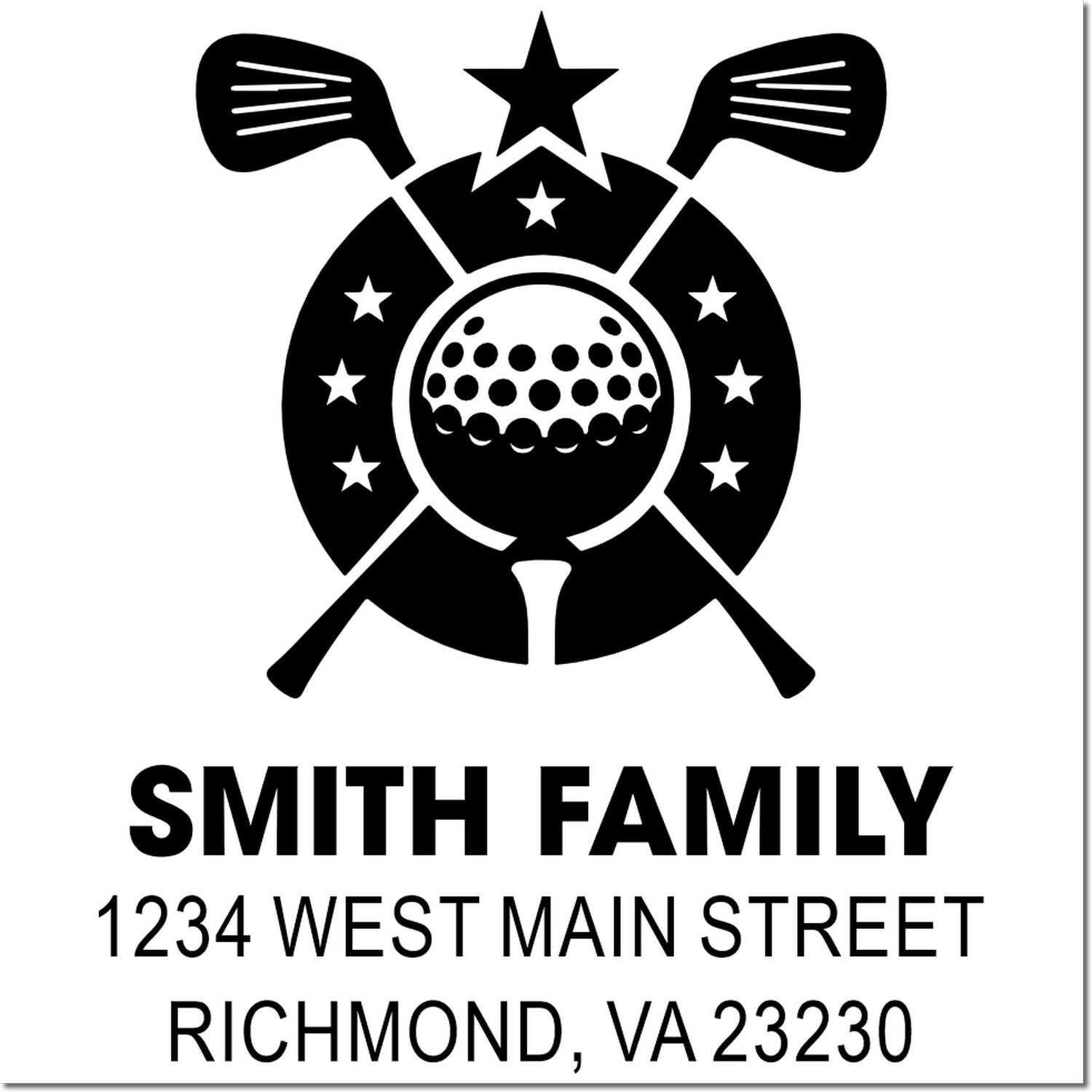 Personalized golf family address rubber stamp with golfer emblem, Smith Family name, and Richmond, VA mailing address