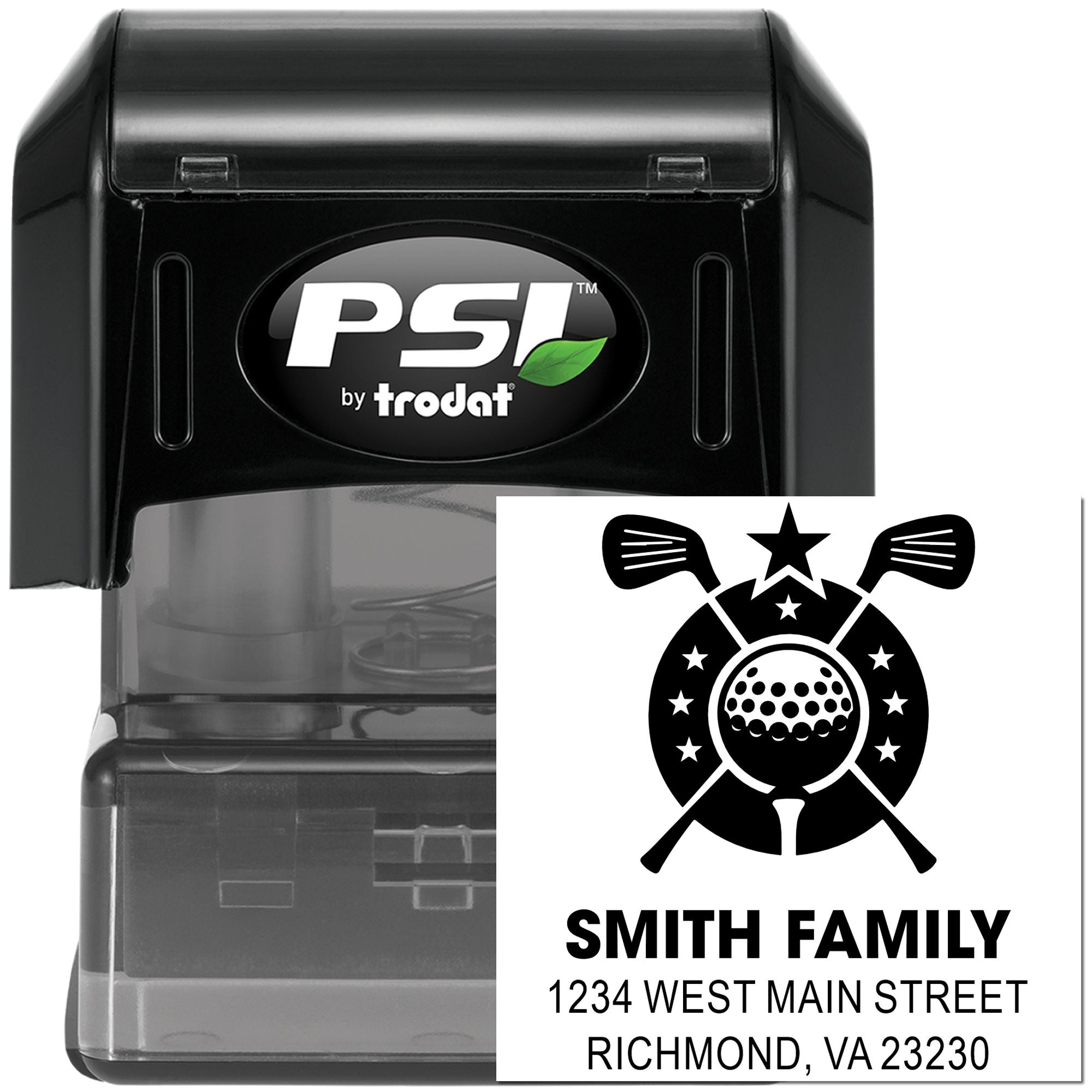 Custom self-inking rubber stamp for golf-themed family address labels, PSI by Trodat, ideal for personalized mailings.