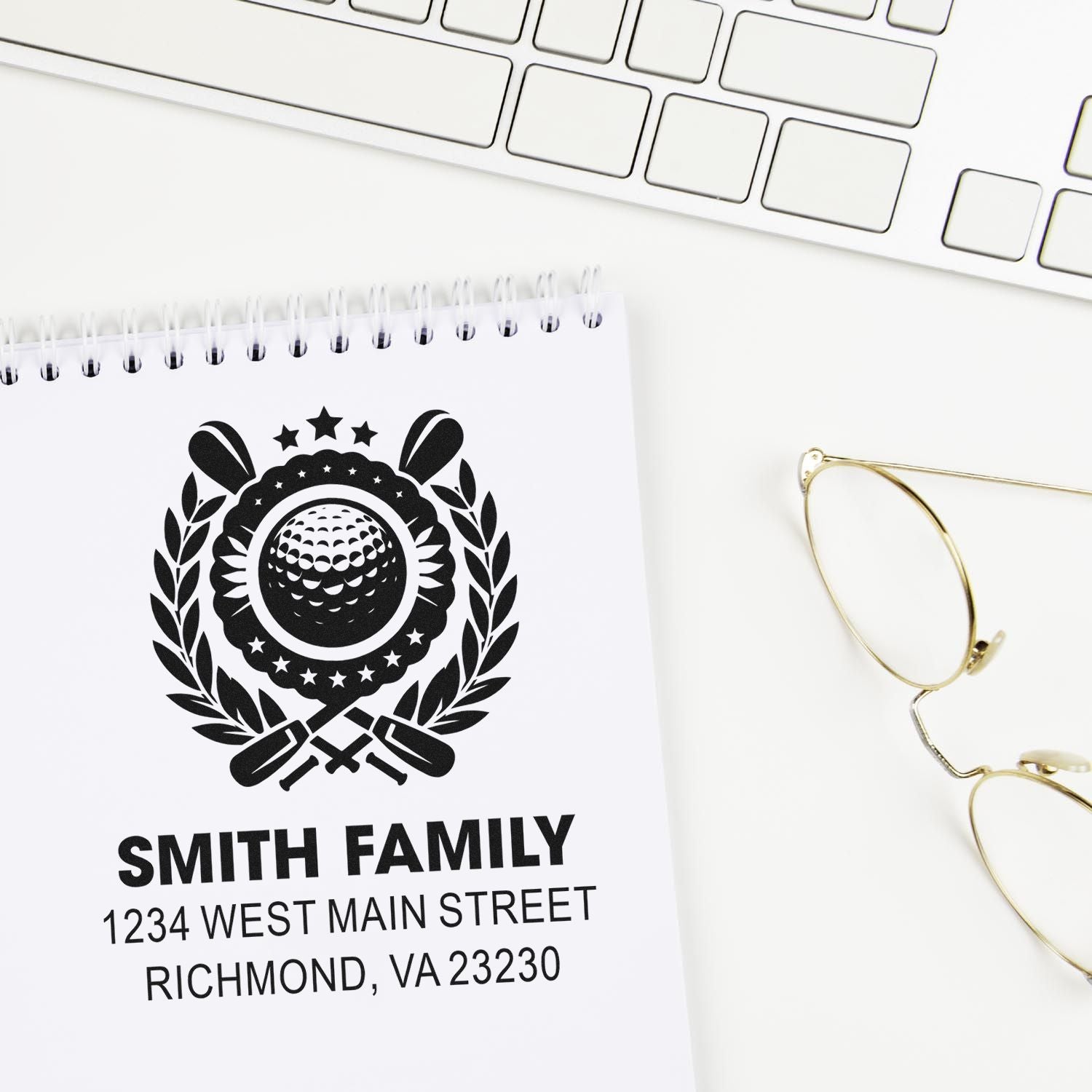 Custom Smith Family return address rubber stamp with golf crest for envelopes, stationery, and mailing labels.