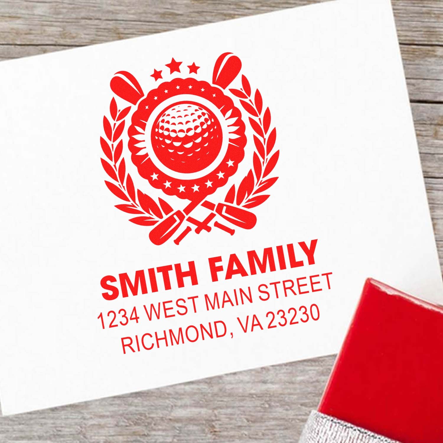 Custom golf family return address rubber stamp with Smith Family name and Richmond, VA address in red ink.