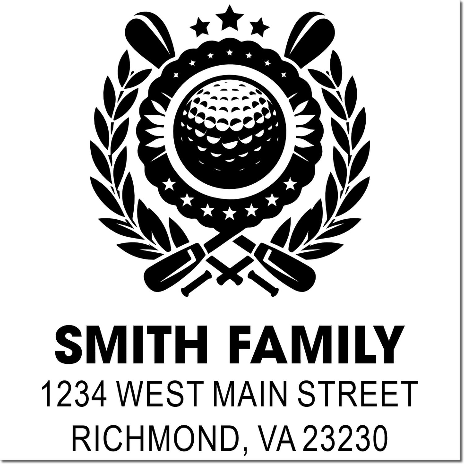Personalized Smith Family return address rubber stamp with golf crest, Richmond, VA 23230.