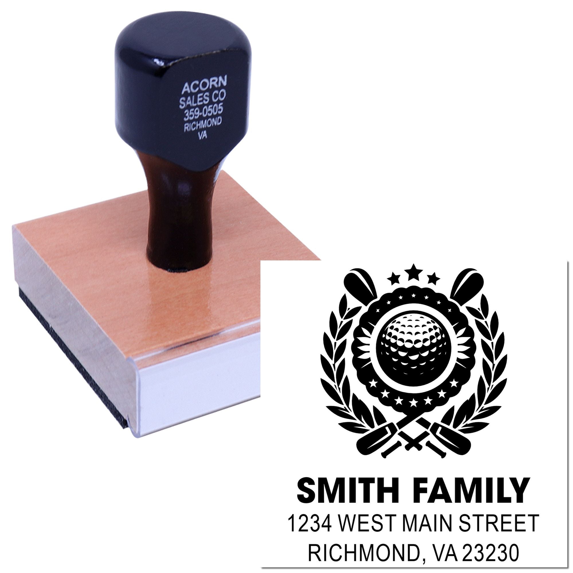 Personalized rubber address stamp with golf crest for Smith Family, featuring custom name and Richmond, VA mailing address.