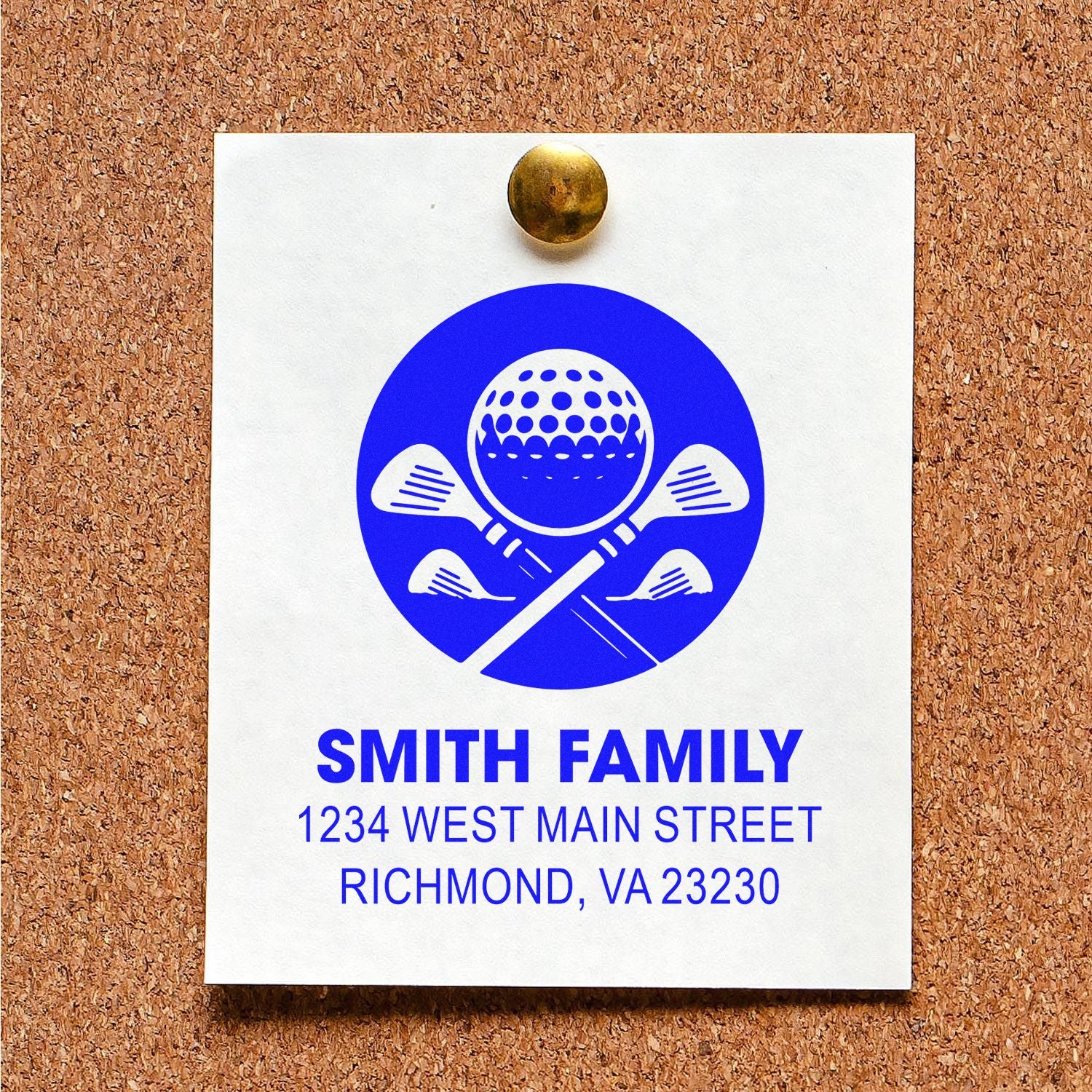 Personalized golf family return address rubber stamp with Smith Family name and Richmond, VA address.