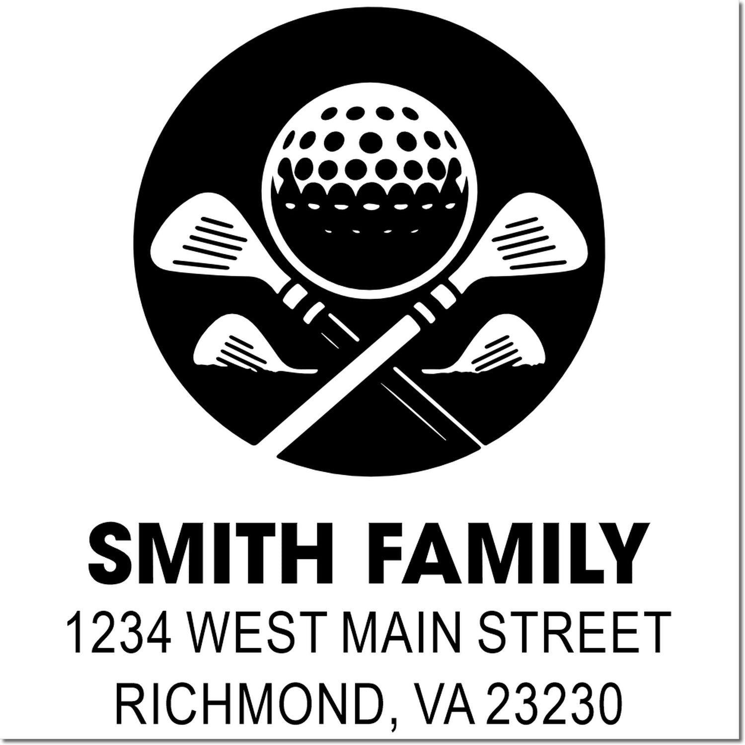 Custom family return address rubber stamp with golf logo, Smith Family, 1234 West Main Street, Richmond VA 23230