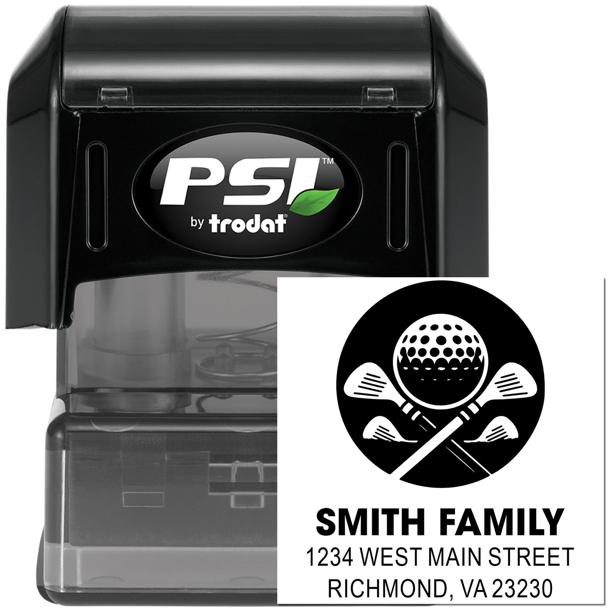 Custom self-inking rubber address stamp by PSI Trodat, featuring golf logo and Smith Family return address.