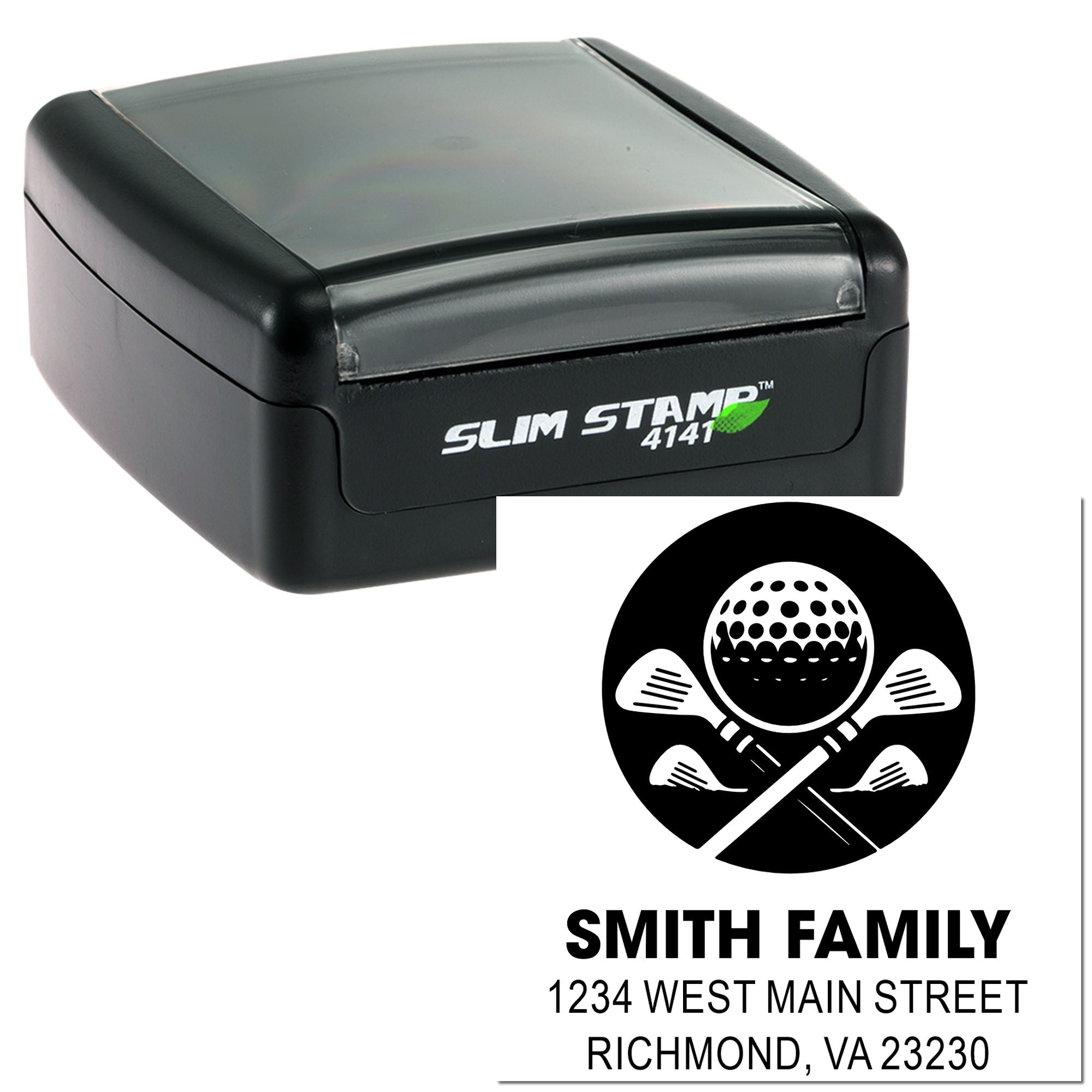 Slim Stamp 4141 custom rubber address stamp with golf family logo for personalized return mailing.